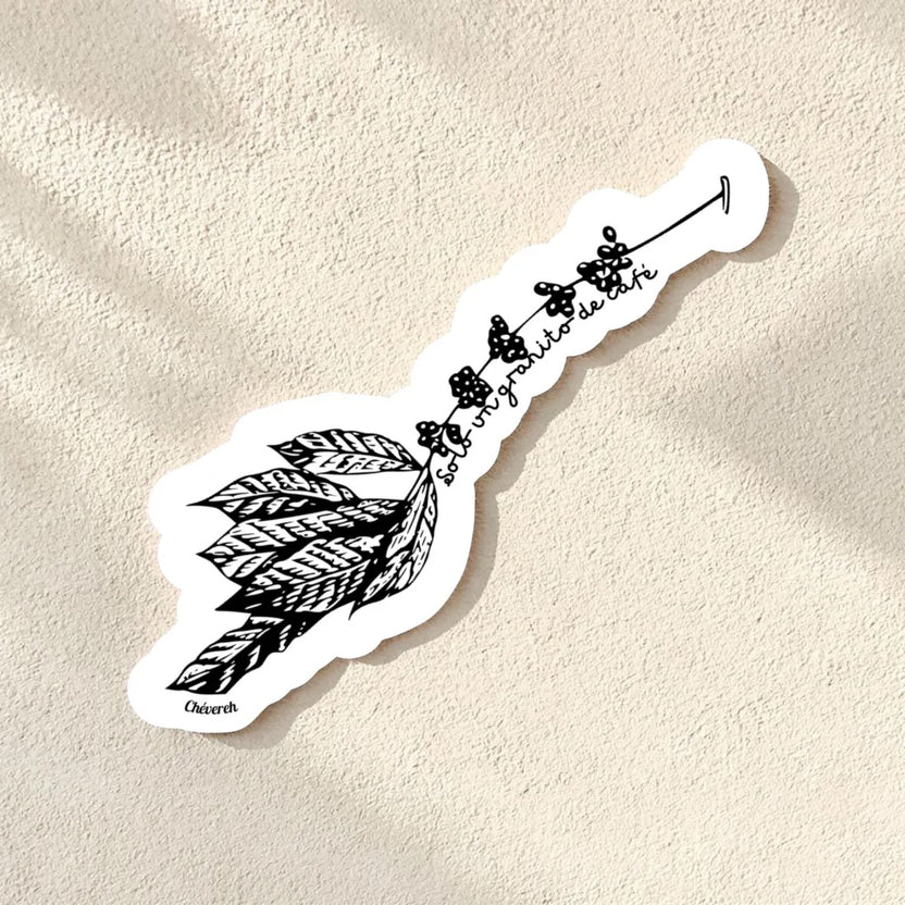 Chévereh black and white vinyl sticker of a coffee branch with beans and leaves, featuring Spanish text "Solo un granito de café". Waterproof glossy finish.
