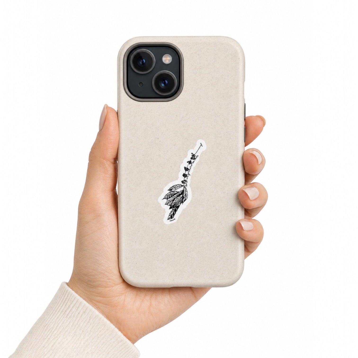 Chévereh Solo un granito de café vinyl sticker with black and white coffee branch illustration on a phone case.