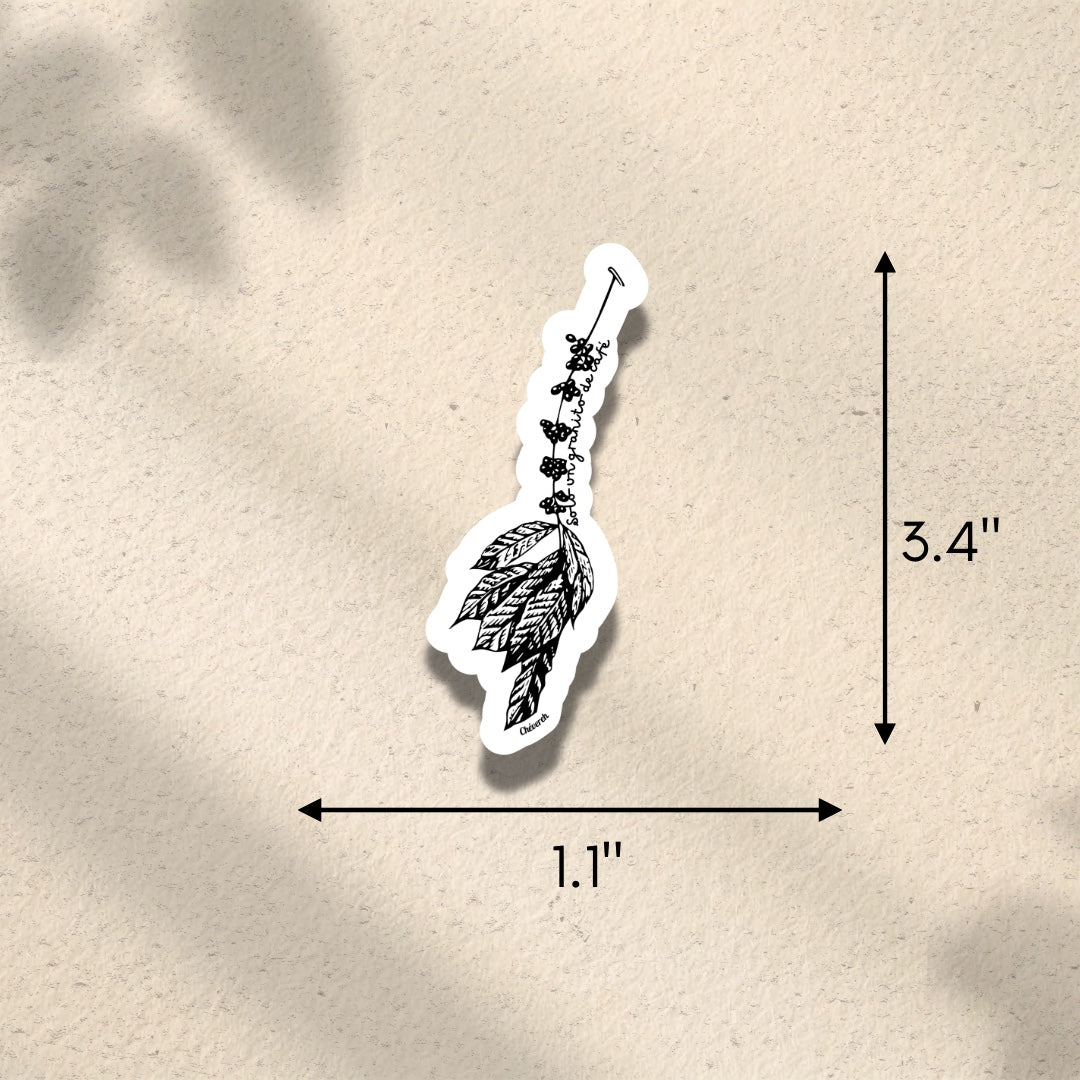 Chévereh black and white vinyl sticker of a coffee branch with leaves and berries, featuring Spanish text.