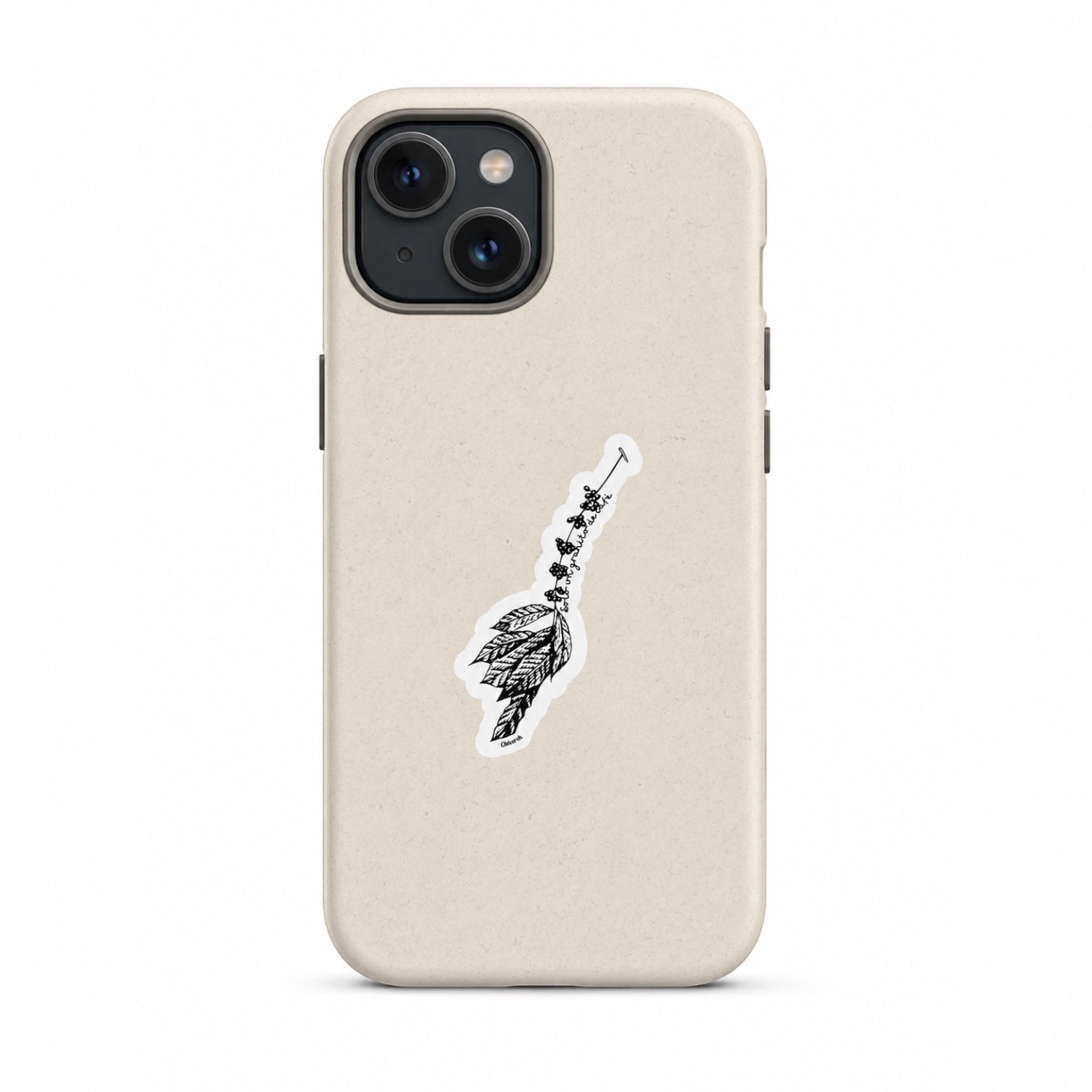 Chévereh Solo un granito de café vinyl sticker with black and white coffee branch illustration on a beige phone case.