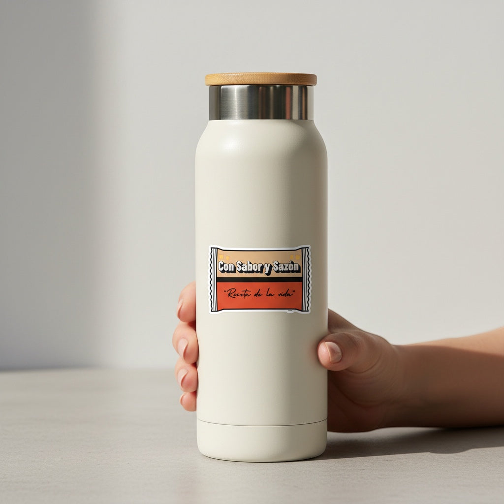 Chévereh Con Sabor y Sazón waterproof vinyl sticker with glossy finish on a water bottle.