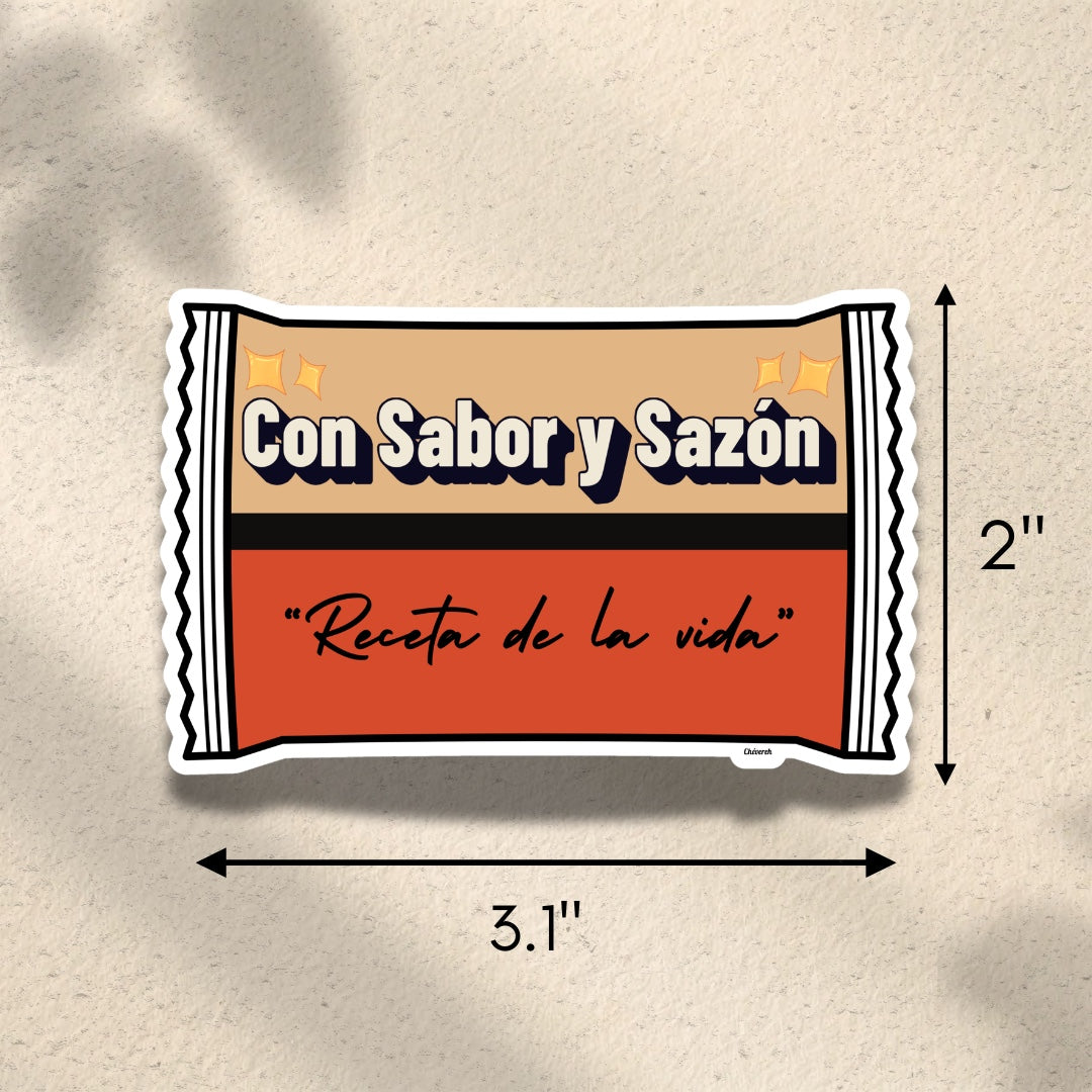 Chévereh Con Sabor y Sazón Receta de la Vida vinyl sticker, waterproof with glossy finish, featuring bold text and food-label design.