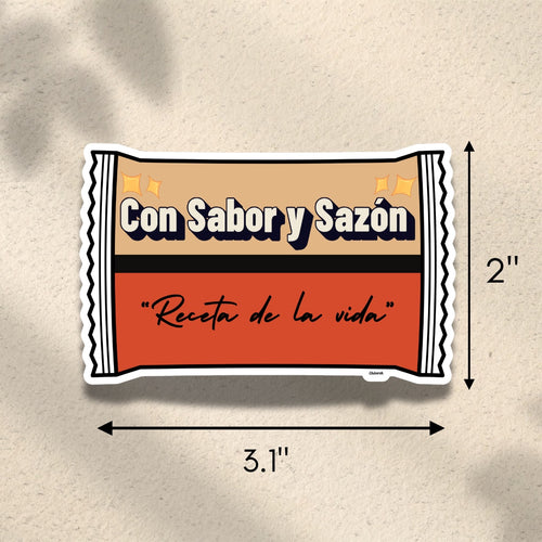 Chévereh Con Sabor y Sazón Receta de la Vida vinyl sticker, waterproof with glossy finish, featuring bold text and food-label design.