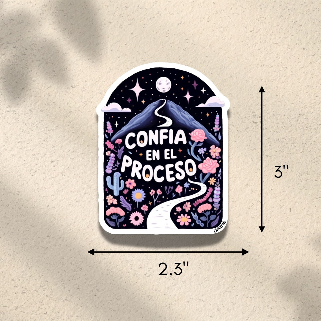 Chévereh Confía En El Proceso vinyl sticker with colorful mountains, flowers, and night sky. Waterproof glossy finish.
