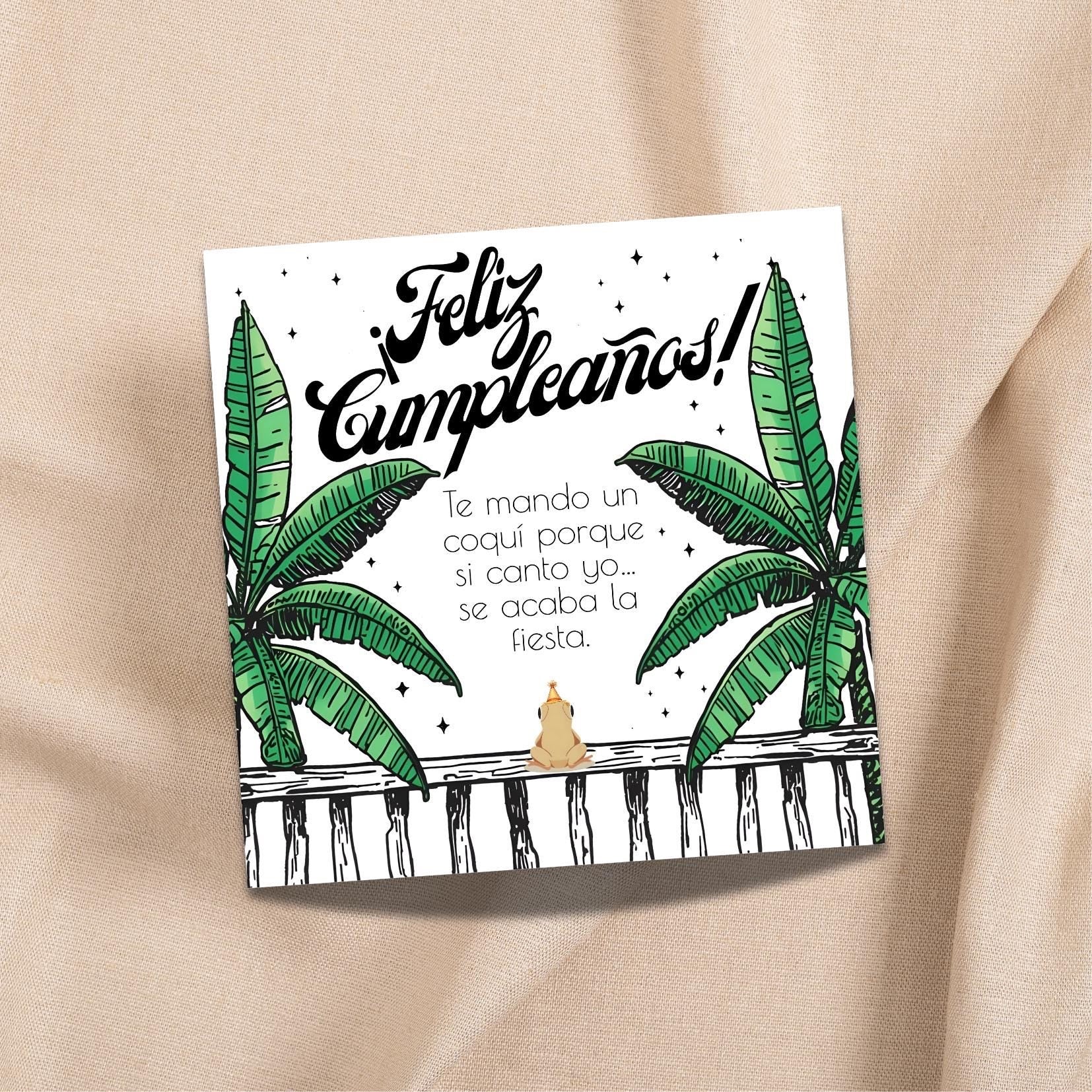 Chévereh Coquí Birthday Card with banana leaves and a frog illustration. Features Spanish text "Feliz Cumpleaños!"