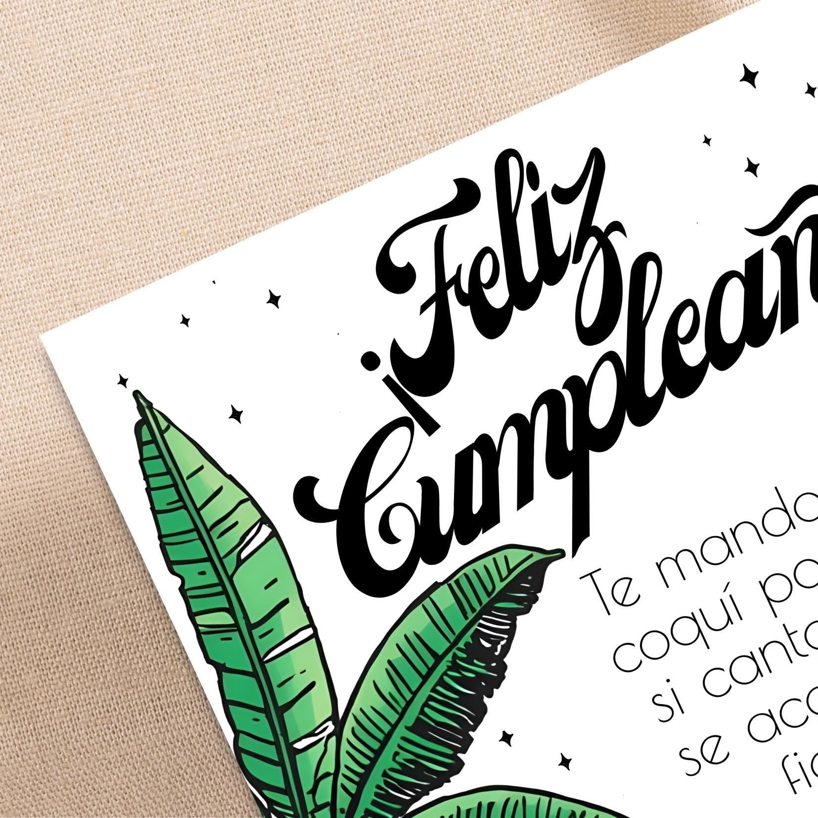 Chévereh Coquí Birthday Card digital download with "Feliz Cumplean" text and tropical banana leaves.