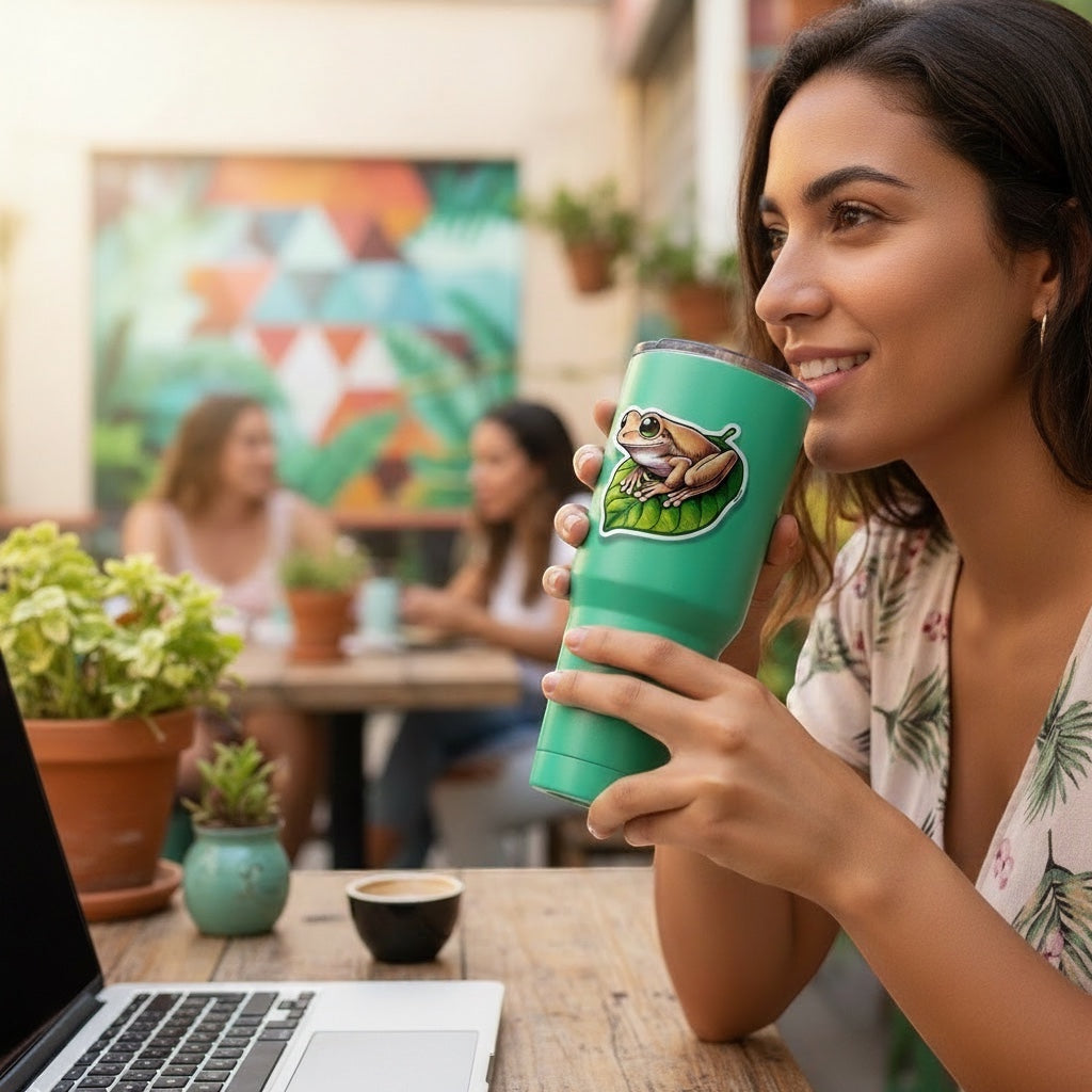 Chévereh Coquí Lindo sticker on a green tumbler, featuring a cute frog on a leaf. Waterproof vinyl.