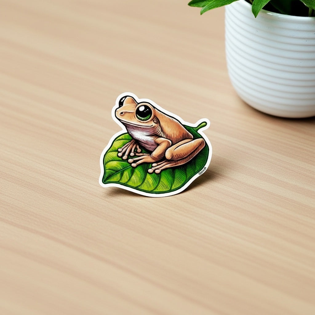 Chévereh Coquí Lindo sticker, a cute frog with big eyes sitting on a green leaf. Waterproof vinyl.