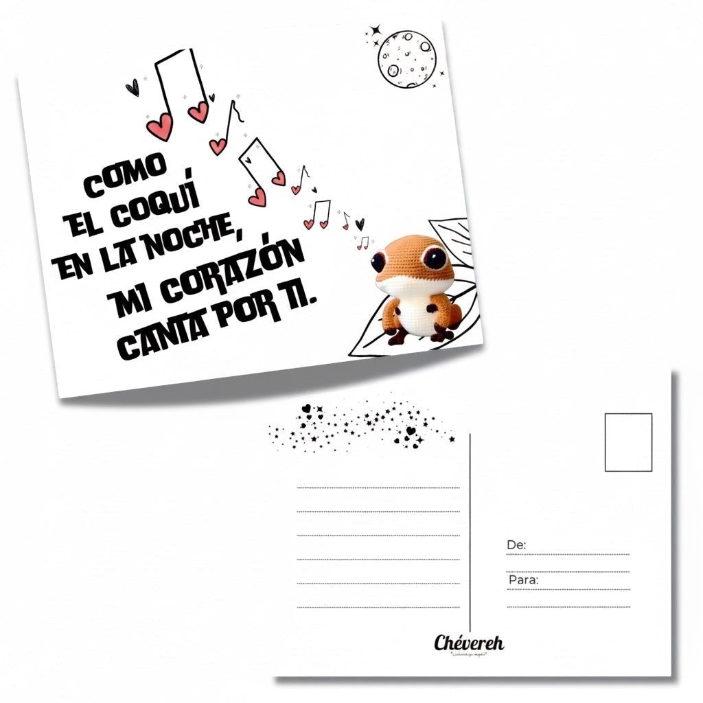 Chévereh postcard with a cute coquí illustration and Spanish text 'Como el coquí en la noche, mi corazón canta por ti'.
