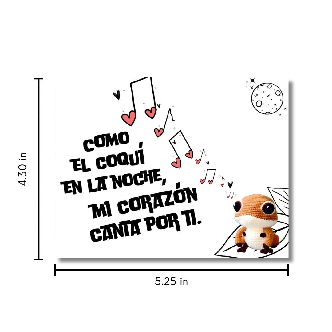 Chévereh postcard featuring a crochet coquí frog illustration with musical notes and the Spanish phrase "Como el coquí en la noche, mi corazón canta por ti."