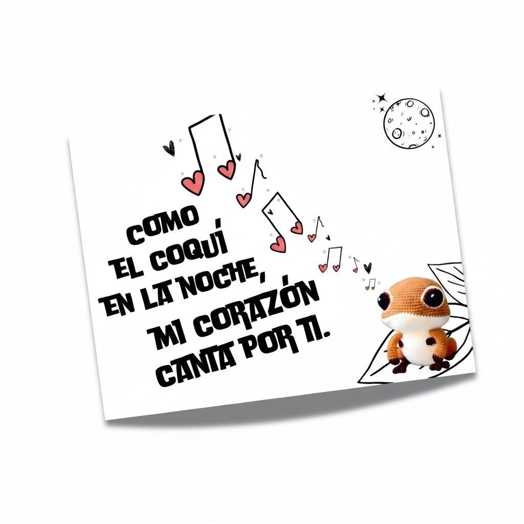 Chévereh postcard with Spanish text "Como el coquí en la noche, mi corazón canta por ti" and a cute crocheted coquí frog illustration.