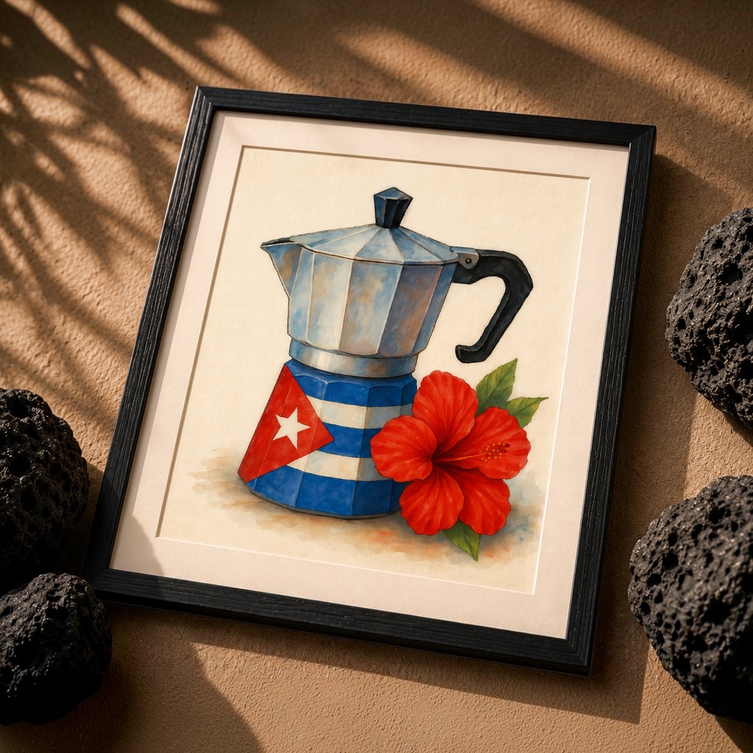 Chévereh Cuban Flag Greca digital art print featuring a Moka pot with Cuban flag design and red hibiscus flower.