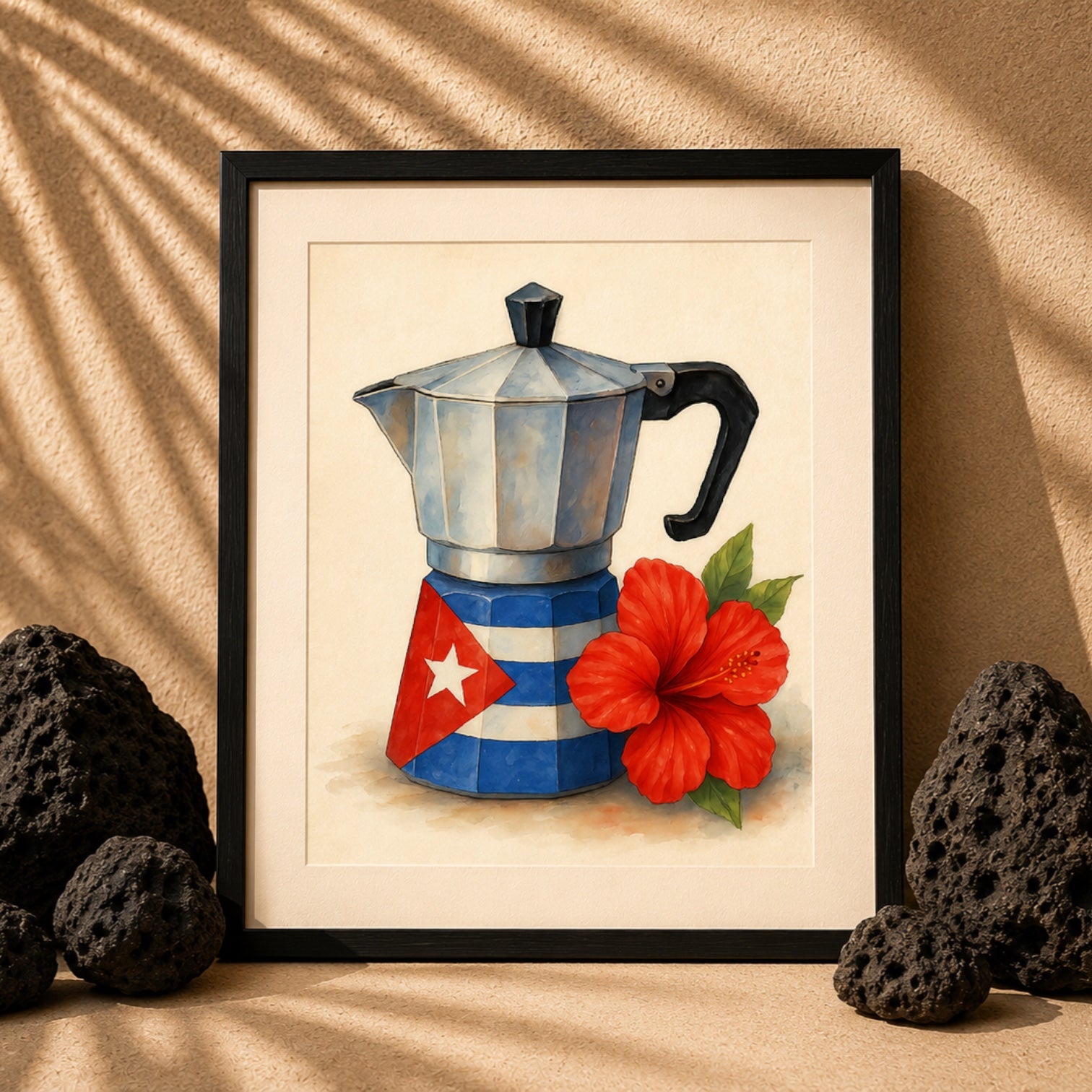 Chévereh Cuban Flag Greca digital art print featuring a Moka pot with Cuban flag design and red hibiscus flower.