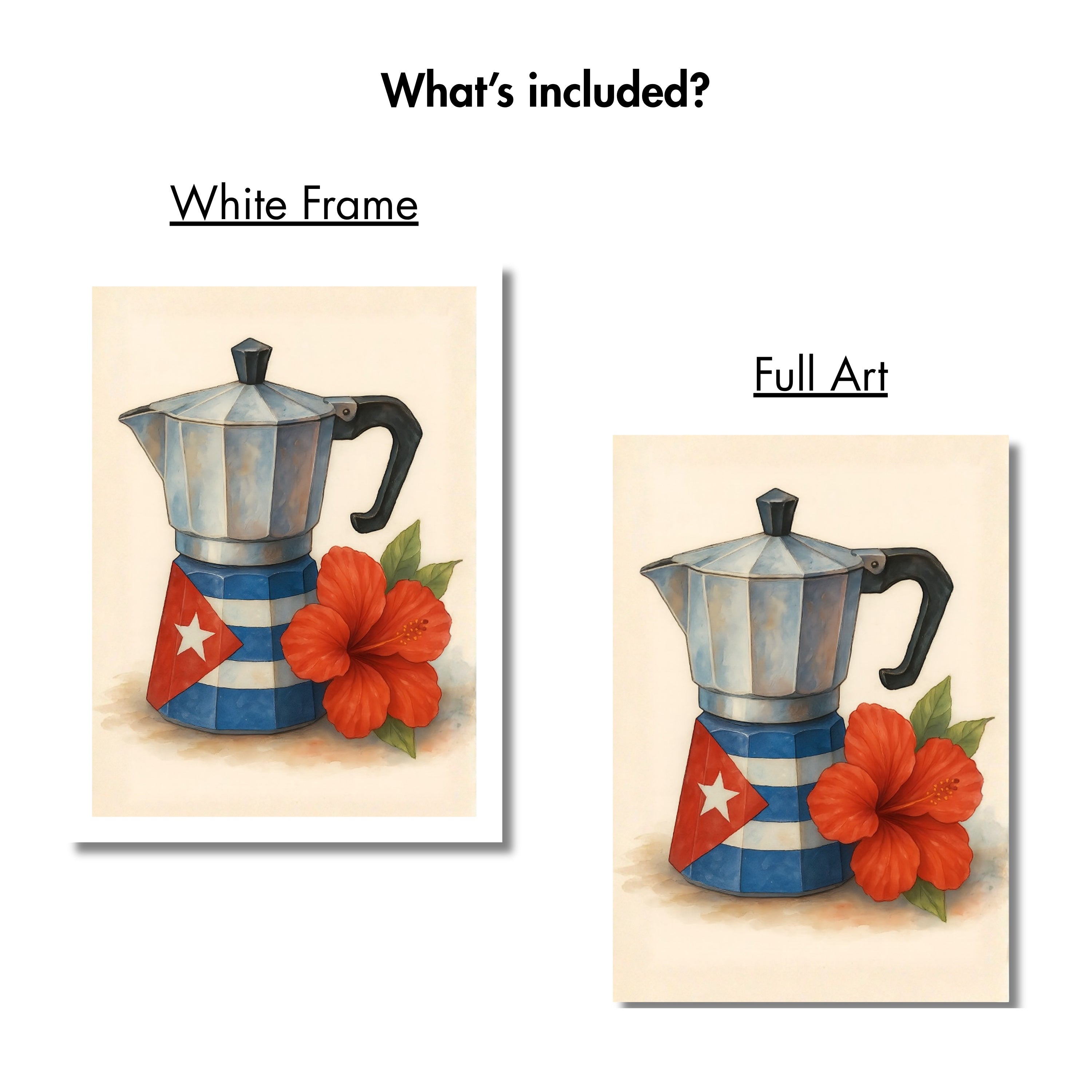 Chévereh Cuban Flag Greca digital art print featuring a Moka pot with Cuban flag design and red hibiscus flower.