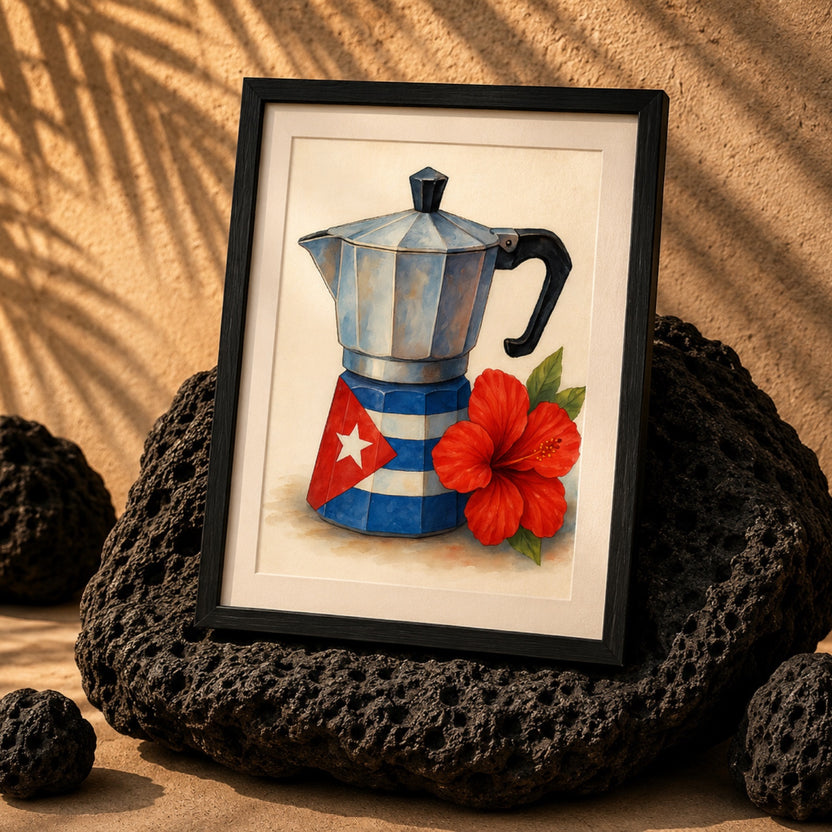 Chévereh Cuban Flag Greca digital art print featuring a Moka pot with Cuban flag design and red hibiscus flower.