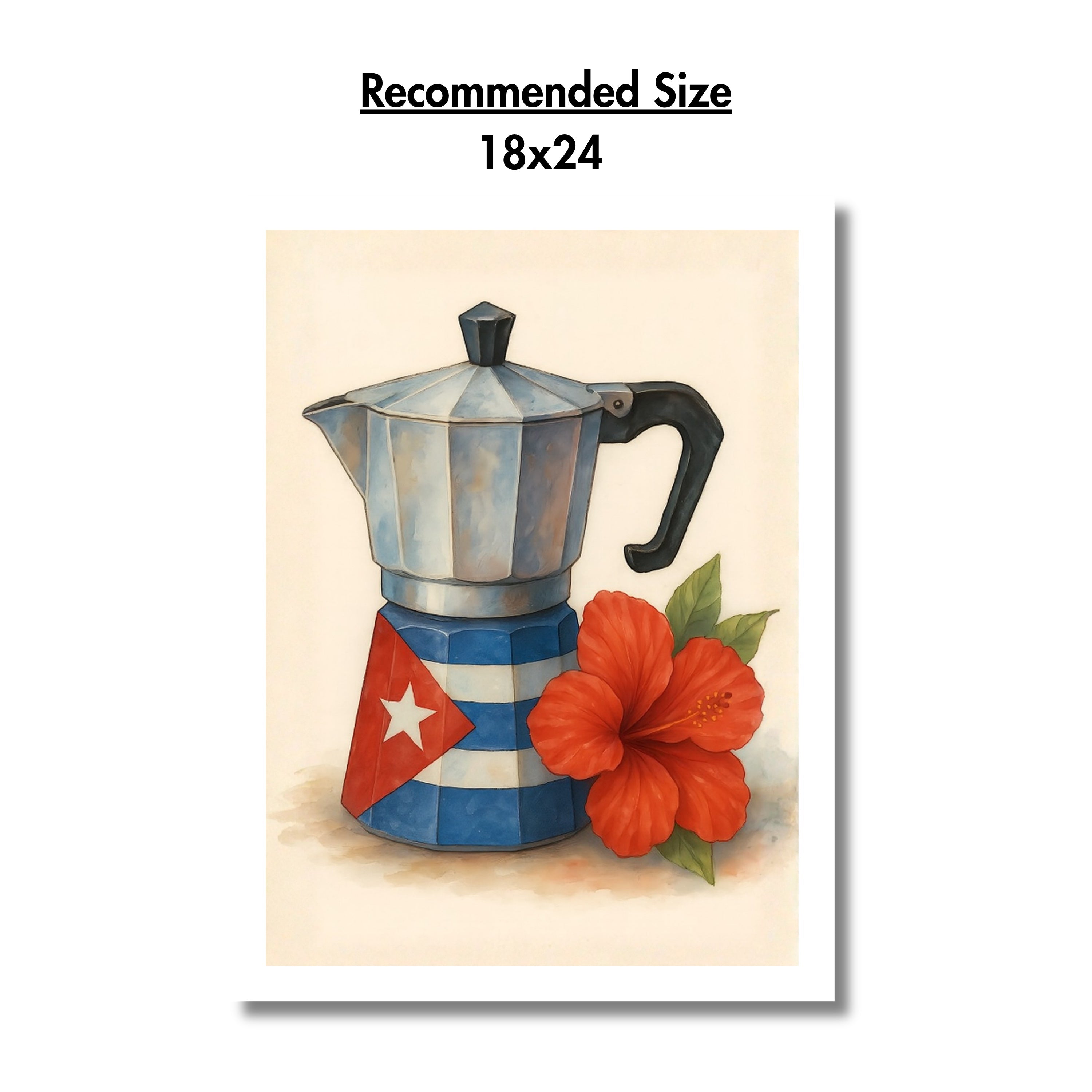 Chévereh Cuban Flag Greca digital art print featuring a Moka pot decorated with the Cuban flag and a red hibiscus flower.