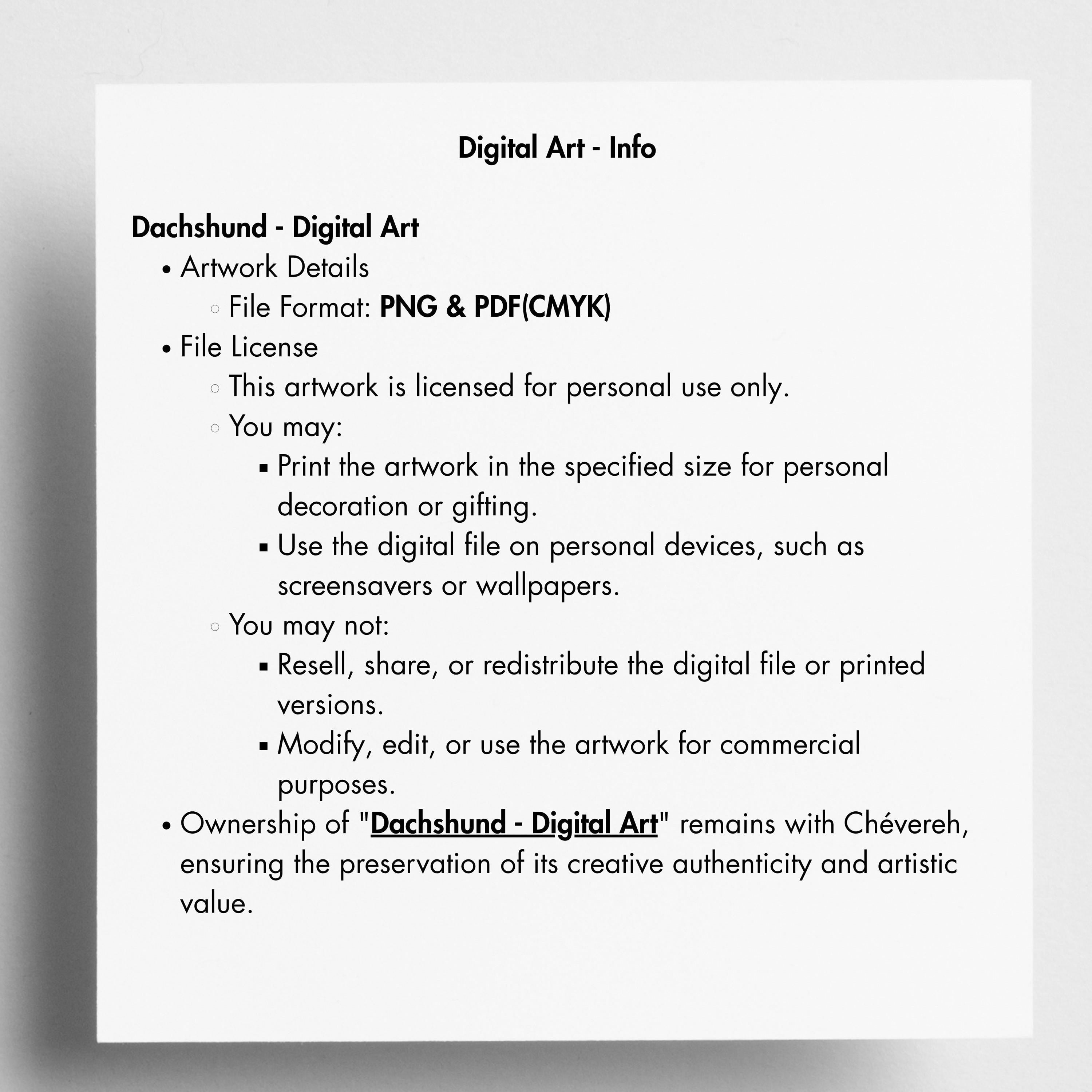 Chévereh digital art information sheet for a funny hipster dachshund wall art print.