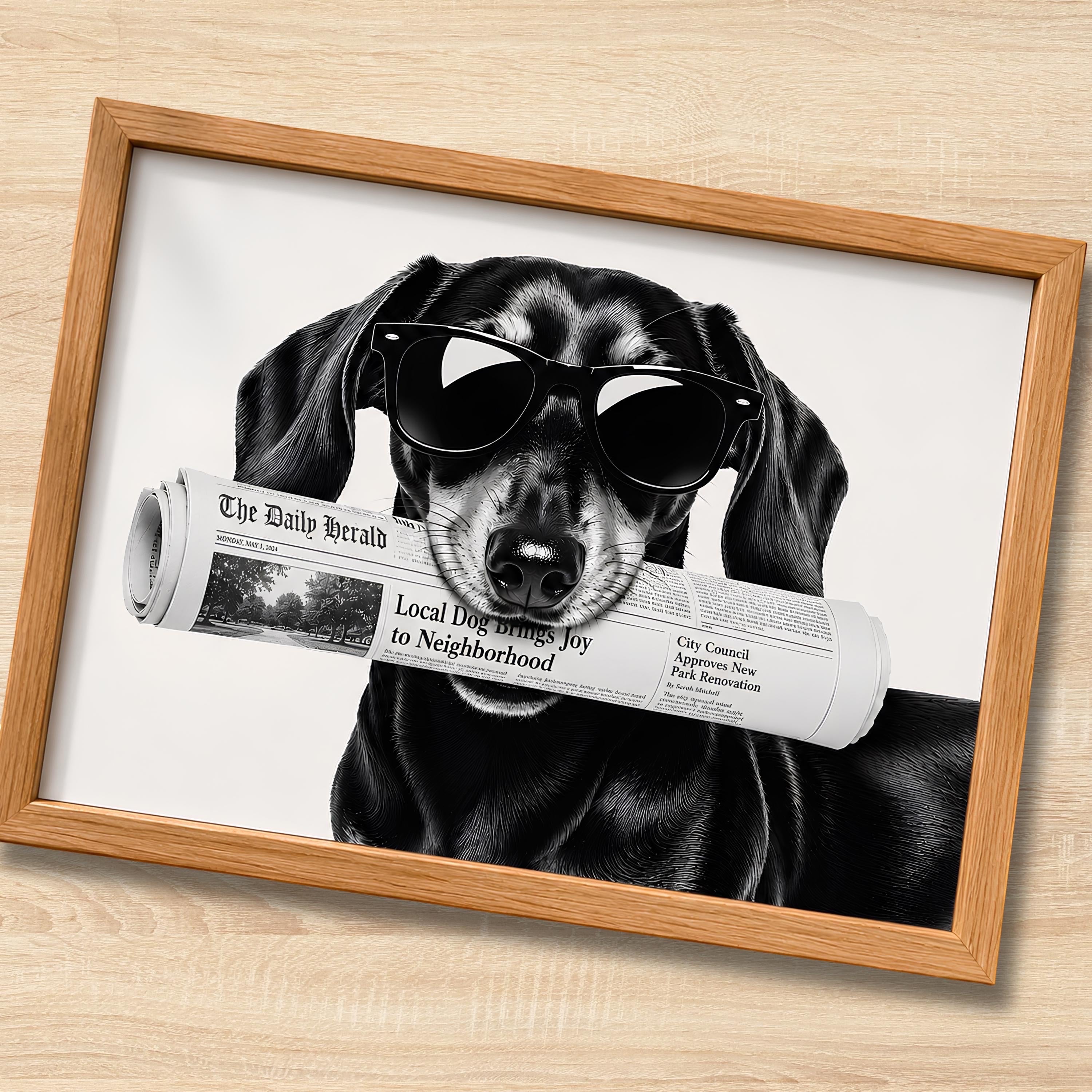 Chévereh black and white dachshund wall art print featuring a dog wearing sunglasses and holding a newspaper in a frame