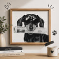 Chévereh black and white dachshund digital art print featuring a dog wearing sunglasses and holding a newspaper.