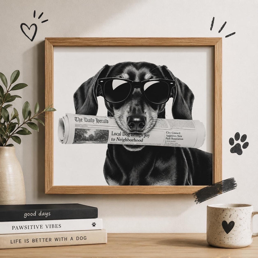 Chévereh black and white dachshund digital art print featuring a dog wearing sunglasses and holding a newspaper.