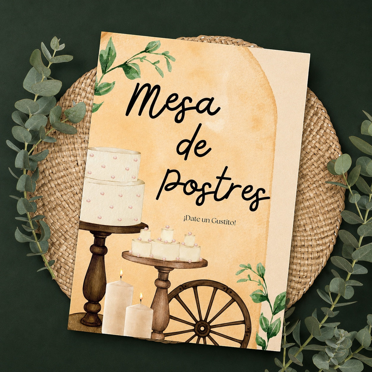 Chévereh dessert table sign with watercolor cakes, candles, and greenery. "Mesa de Postres" in script.