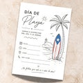 Chévereh Día de Playa fill-in invitation featuring a Puerto Rico-inspired surfboard, palm tree, and El Morro illustration.