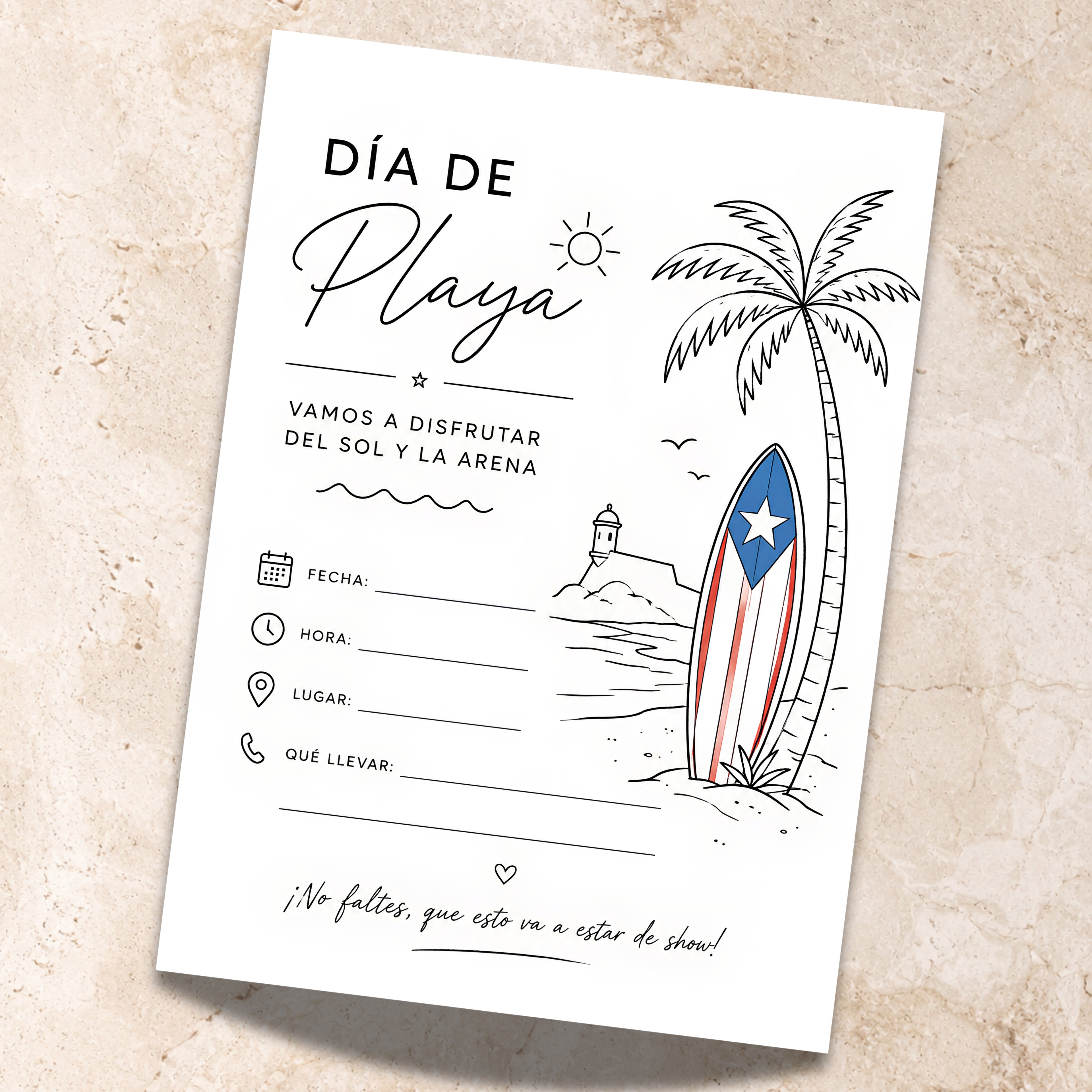 Chévereh Día de Playa fill-in invitation featuring a Puerto Rico-inspired surfboard, palm tree, and El Morro illustration.