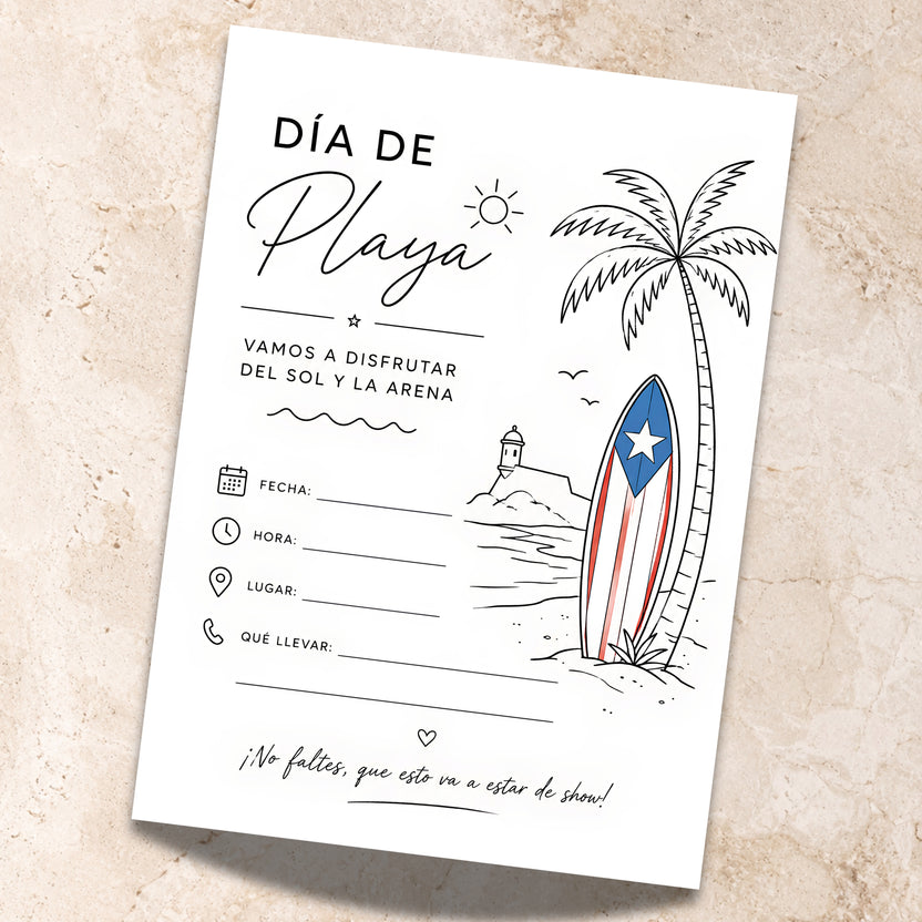 Chévereh Día de Playa fill-in invitation featuring a Puerto Rico-inspired surfboard, palm tree, and El Morro illustration.
