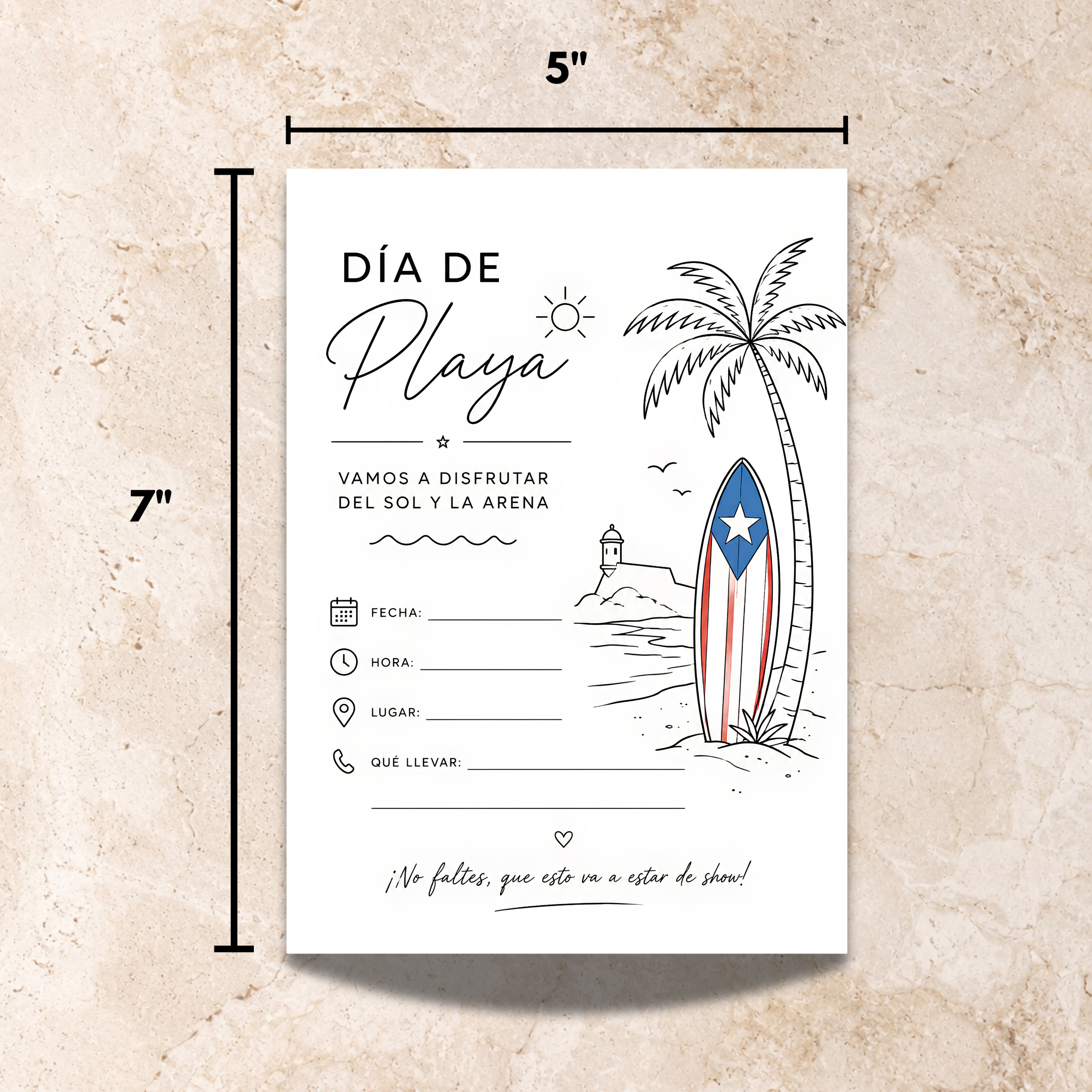 Chévereh Día de Playa fill-in invitation with tropical Puerto Rico design, palm tree, surfboard, and El Morro.
