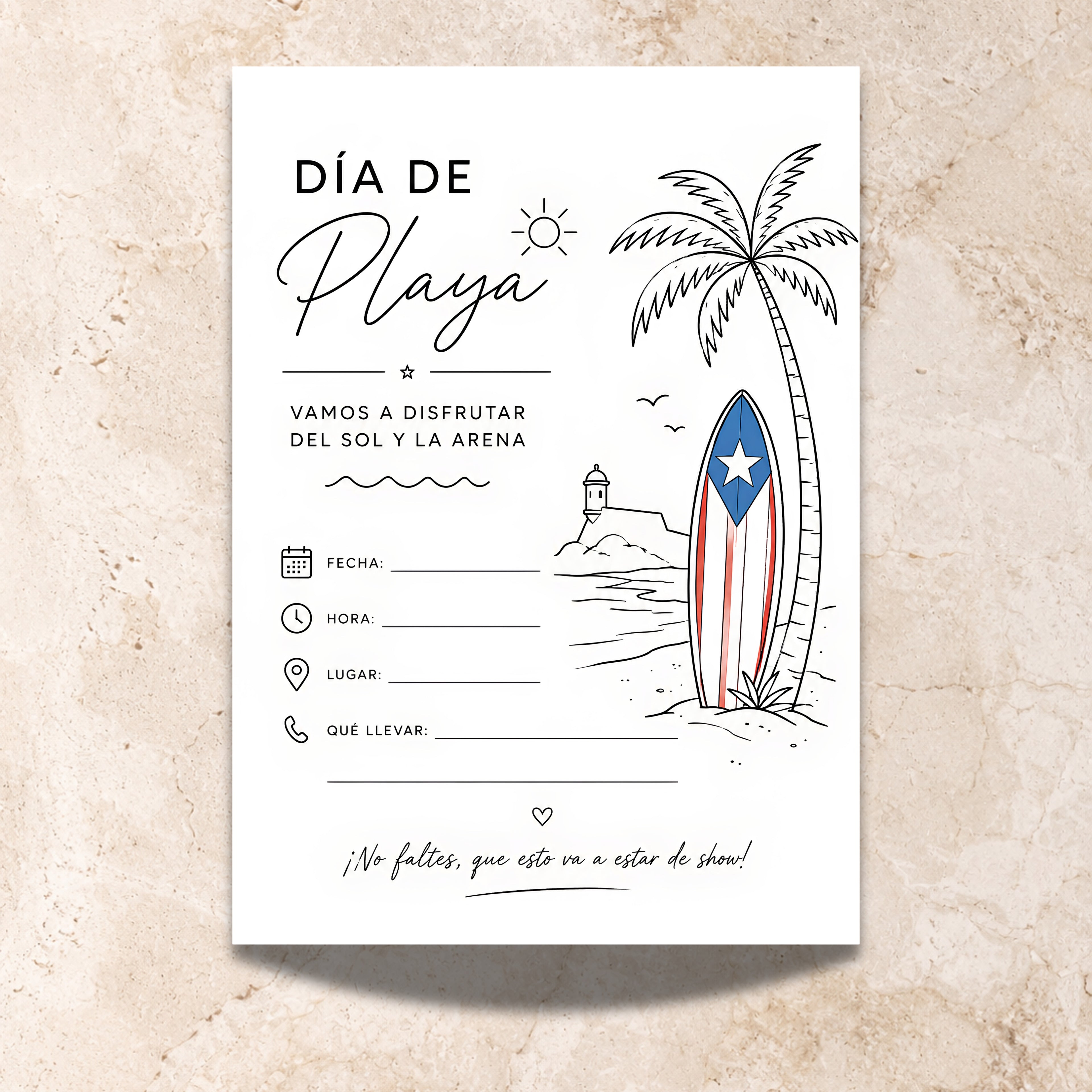Chévereh Día de Playa fill-in beach party invitation with tropical palm tree, surfboard, and El Morro illustration.