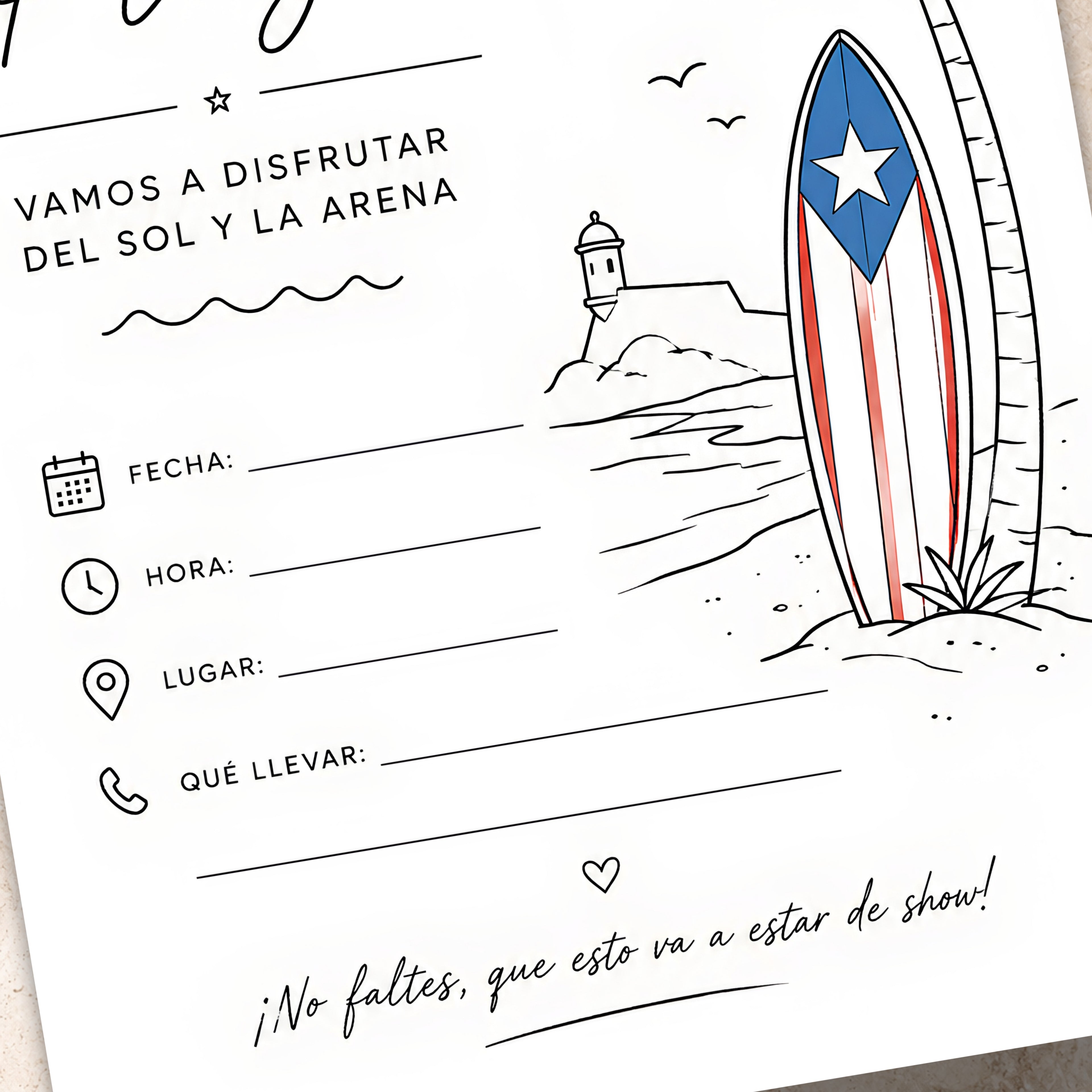 Chévereh Día de Playa fill-in invitation featuring a Puerto Rico surfboard, palm tree, and El Morro illustration.