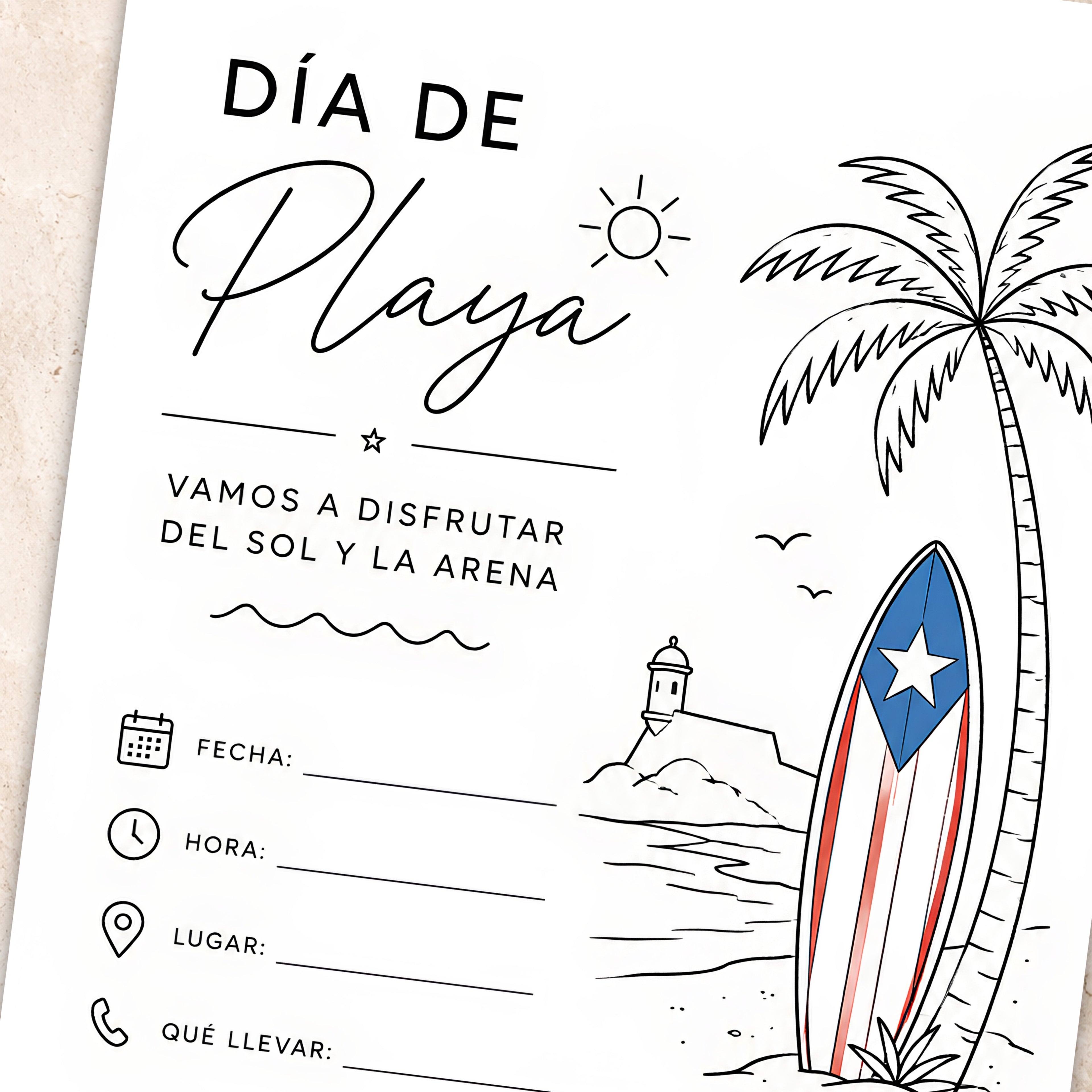 Chévereh Día de Playa fill-in invitation featuring a tropical Puerto Rico design with a palm tree and surfboard.