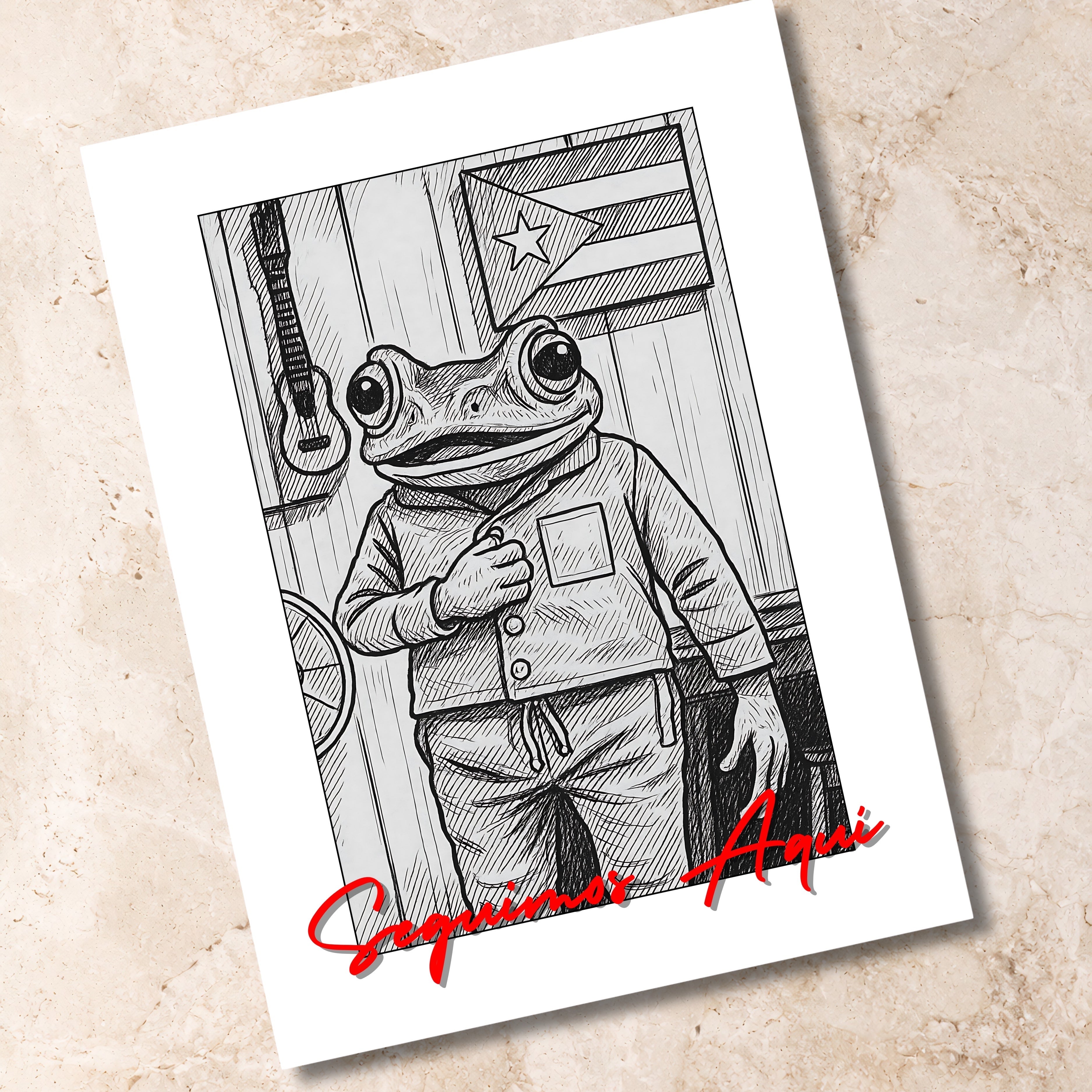 Chévereh Digital art print of a frog in casual clothes, standing by a Puerto Rican flag and guitar. Black and white sketch.