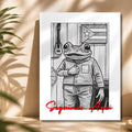 Chévereh Art print of a frog in casual clothes, standing by a Puerto Rican flag and guitar. Black and white sketch style.