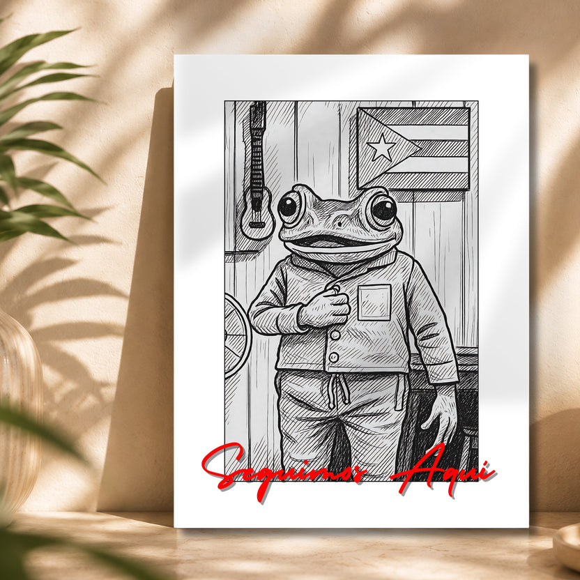 Chévereh Art print of a frog in casual clothes, standing by a Puerto Rican flag and guitar. Black and white sketch style.