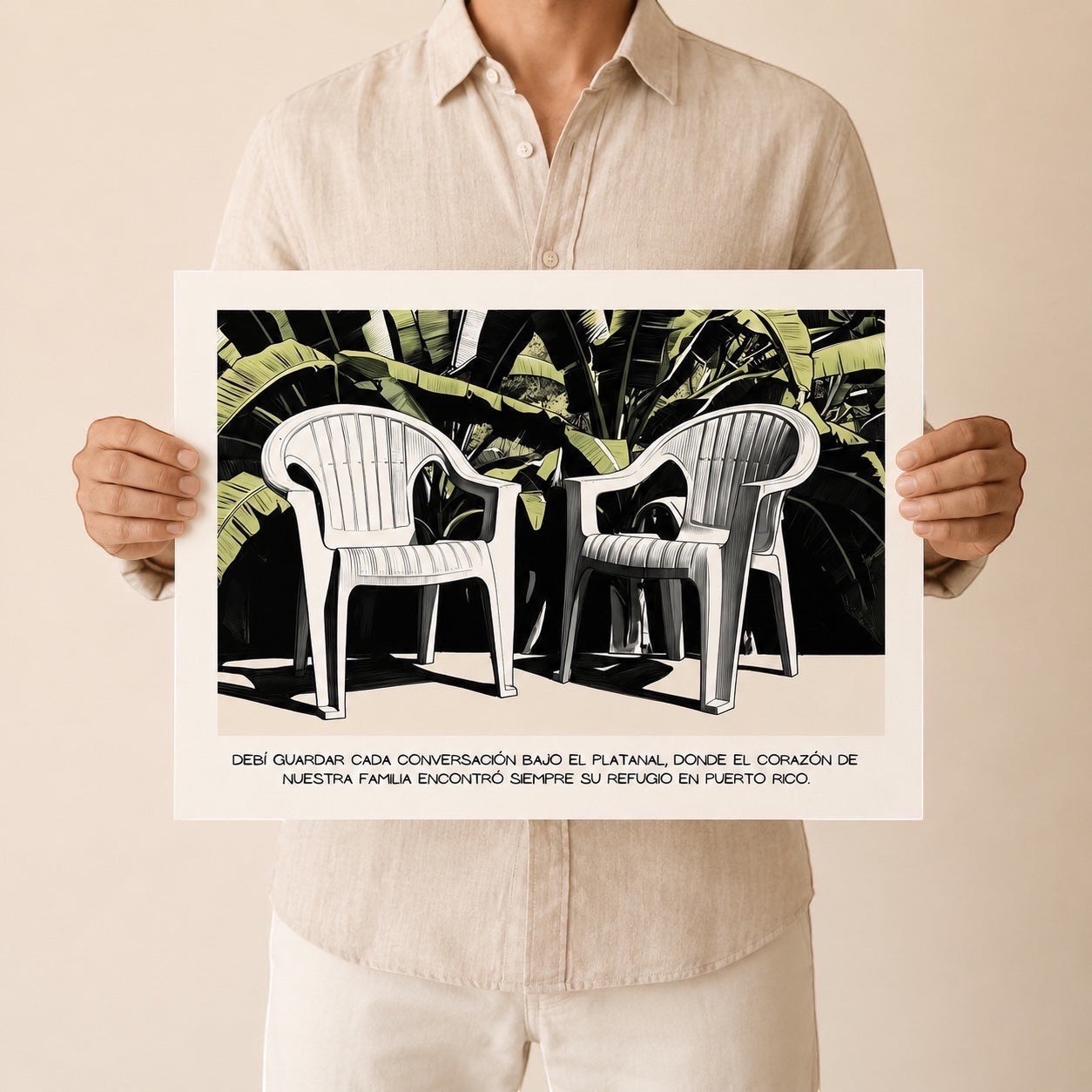 Chévereh digital art print "Debí Guardar" shows two white plastic chairs under plantain leaves. Text reads: "Debí guardar cada conversación bajo el platanal..."
