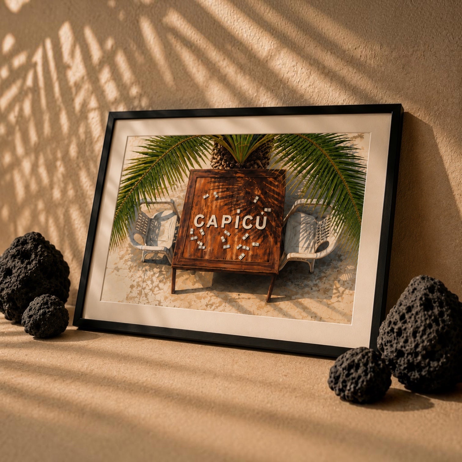 Chévereh Capicú Domino Table Scene digital art print featuring domino tiles on a wooden table with palm fronds and chairs.