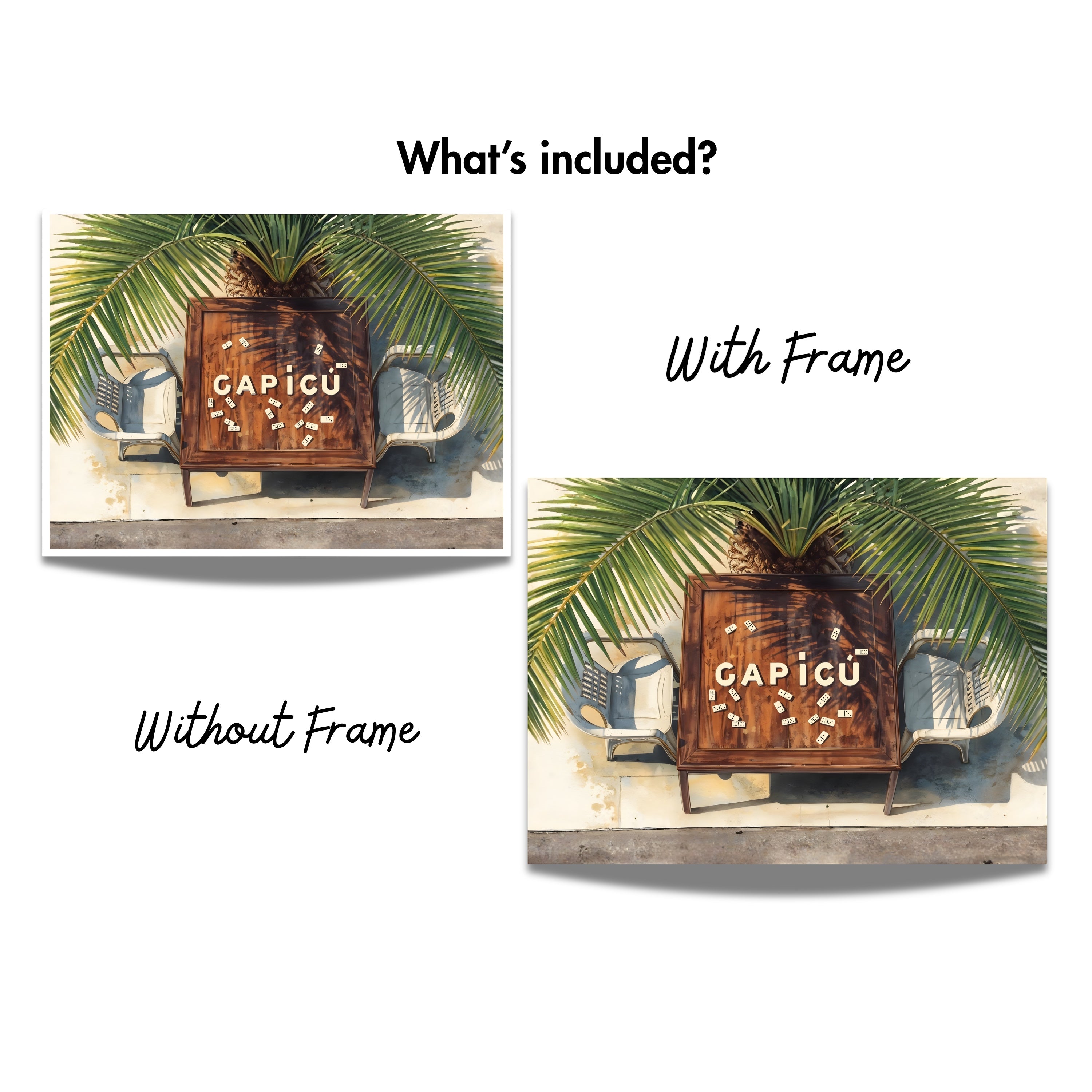 Chévereh Capicú Domino Table Scene digital art print featuring domino tiles spelling Capicú on a wooden table with palm fronds.