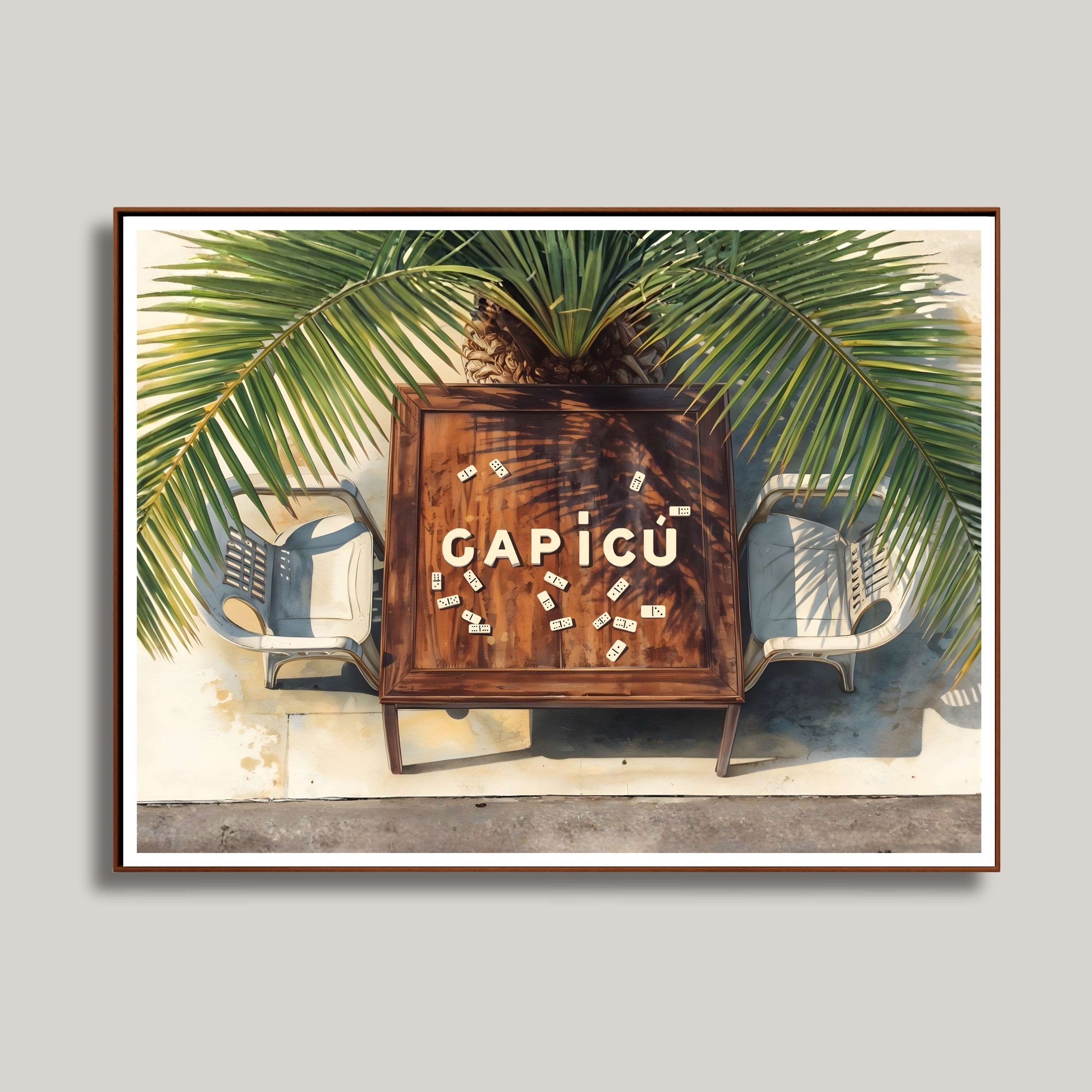 Chévereh Capicú Domino Table Scene digital art print with domino tiles spelling Capicú on a wooden table, two chairs, and palm fronds.
