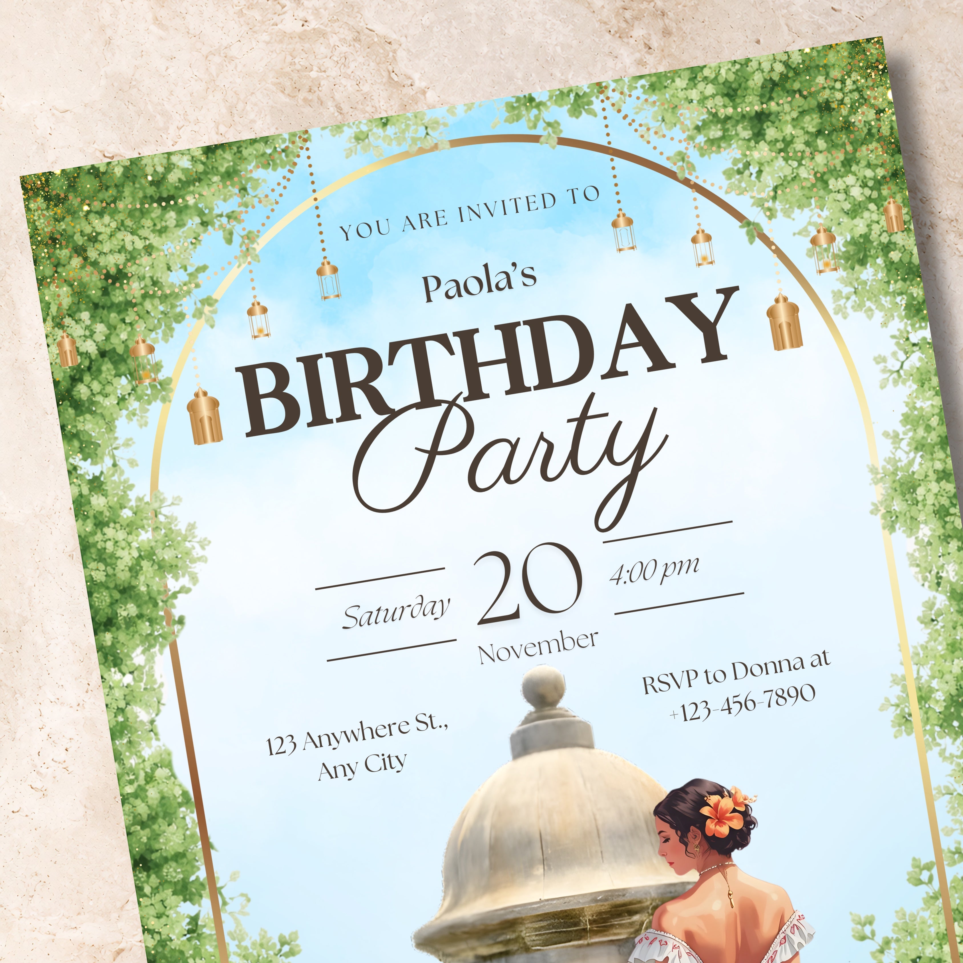 Chévereh El Morro digital birthday invitation with a woman in a Puerto Rican flag dress, El Morro Historic, and tropical greenery.