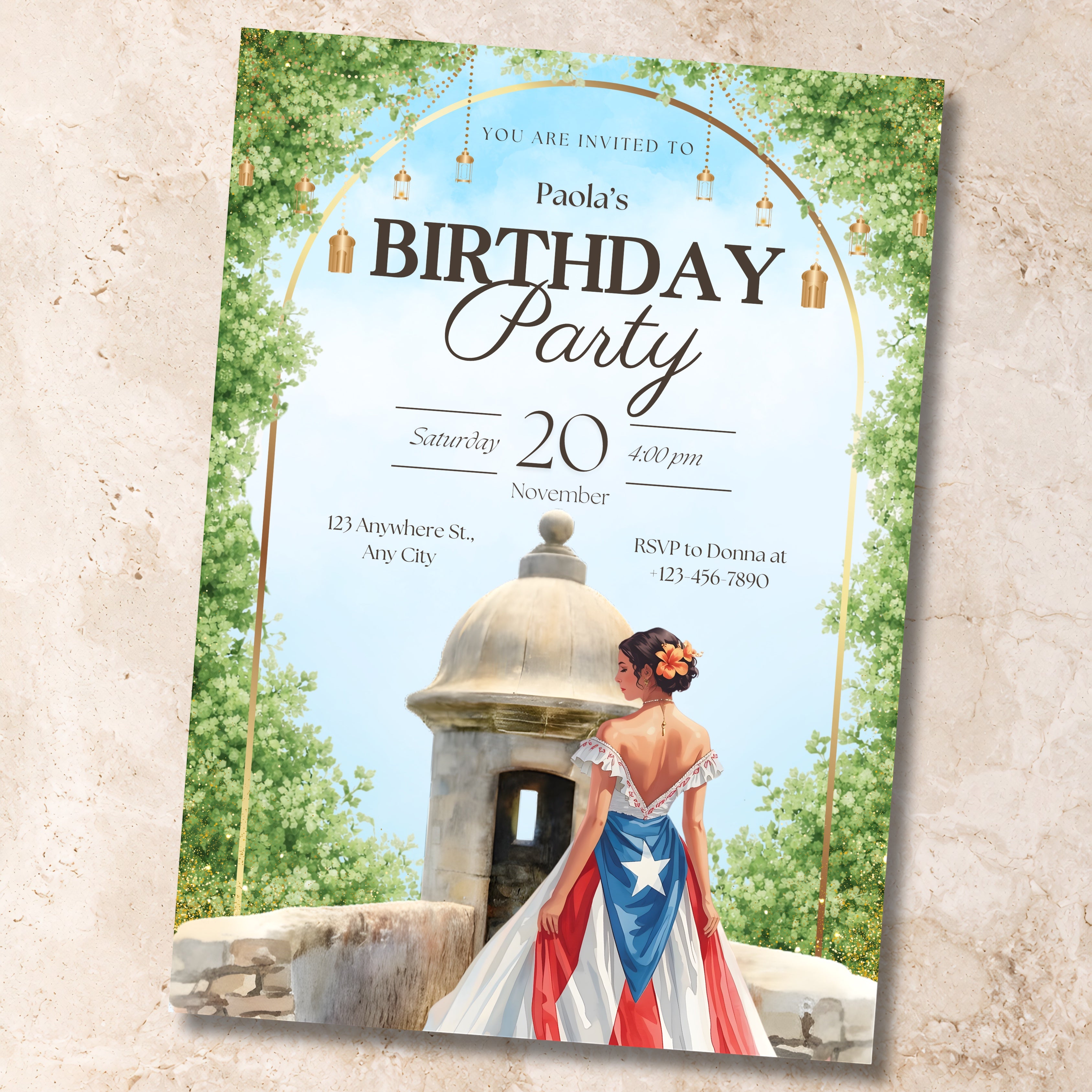 Chévereh El Morro digital birthday invitation with a woman in a Puerto Rican flag dress in front of El Morro.