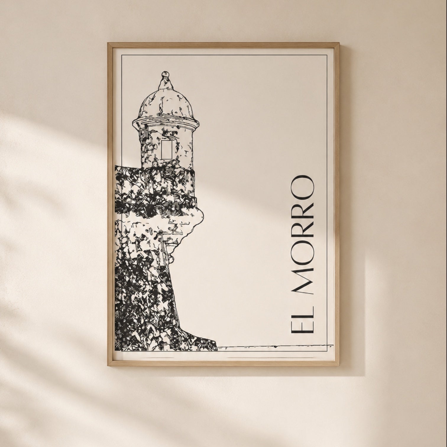 Chévereh El Morro black and white line art print of a fortress tower. Minimalist architectural illustration.