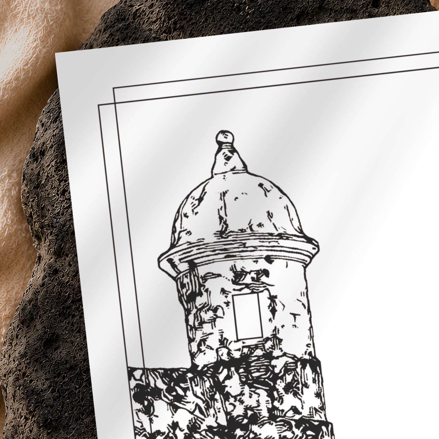 Chévereh El Morro black and white line art print of fortress tower with dome. Minimalist architectural illustration.