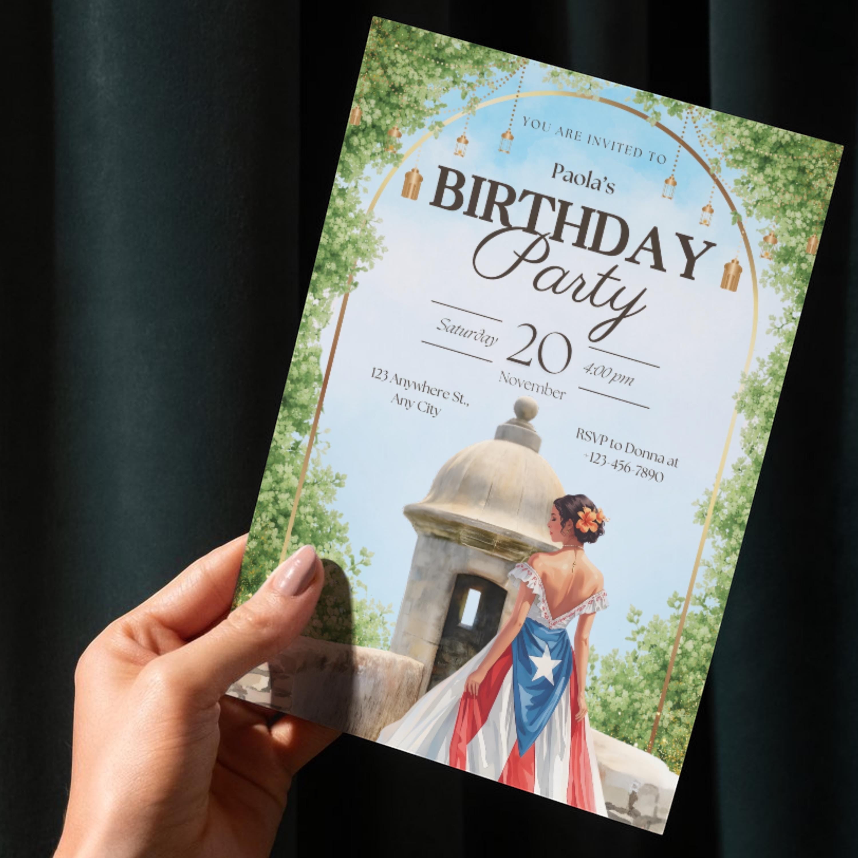 Chévereh El Morro digital birthday invitation featuring a woman in a Puerto Rican flag dress in front of El Morro fortress.