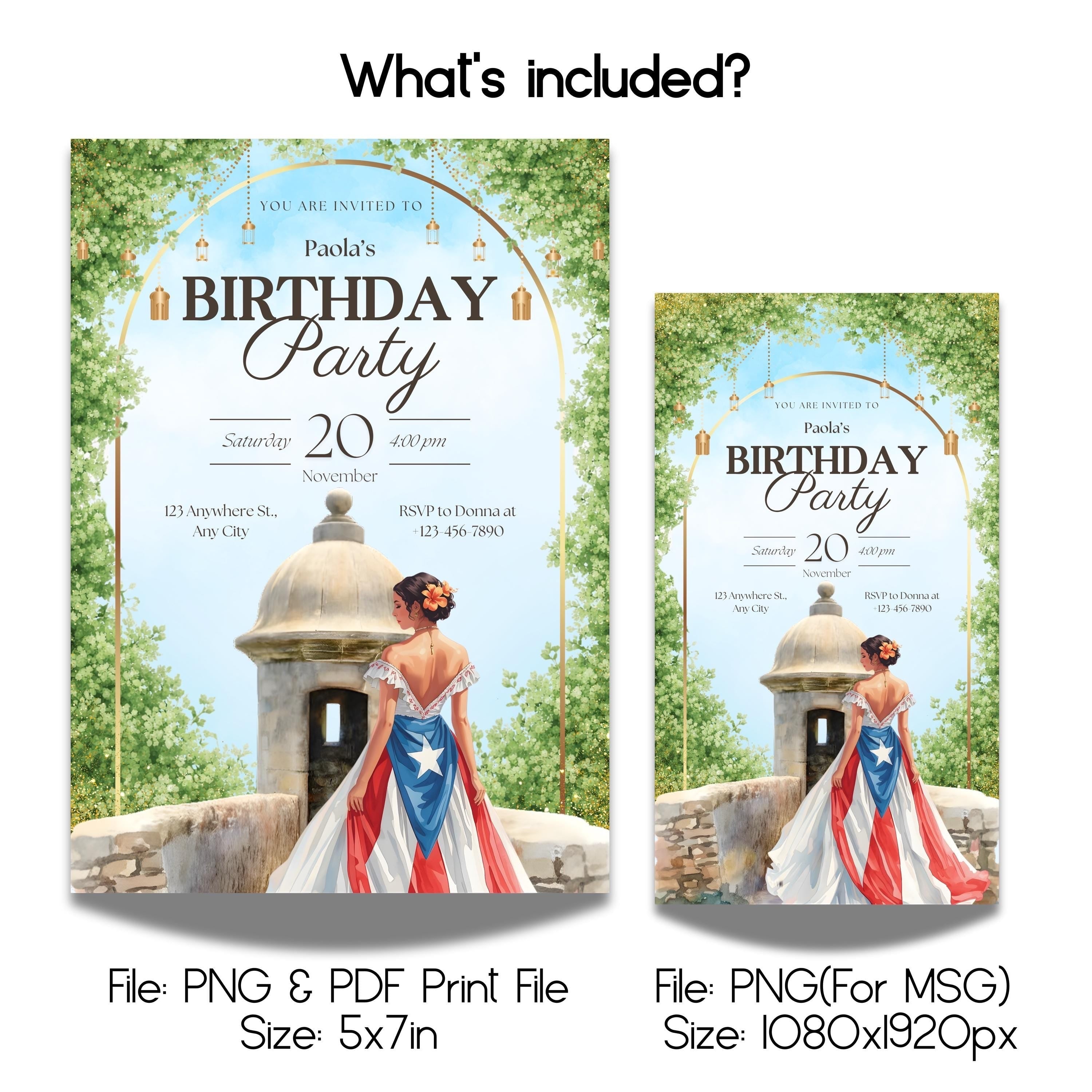 Chévereh El Morro digital birthday invitation with a woman in a Puerto Rican flag dress in front of El Morro, San Juan.