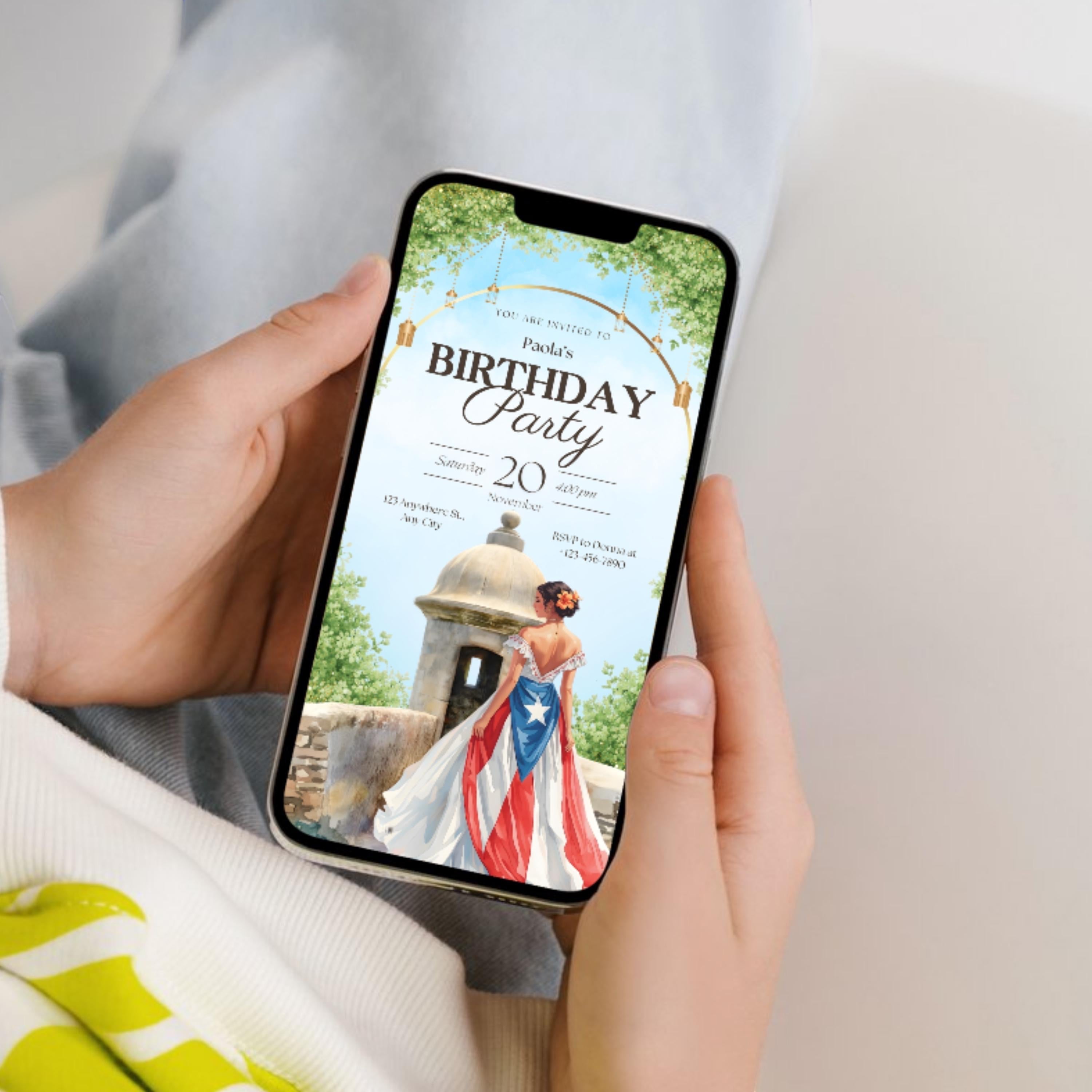 Chévereh digital birthday invitation featuring a woman in a Puerto Rican flag dress at El Morro