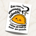 Chévereh digital art postcard featuring a cute, smiling empanada with steam rising, text in Spanish.