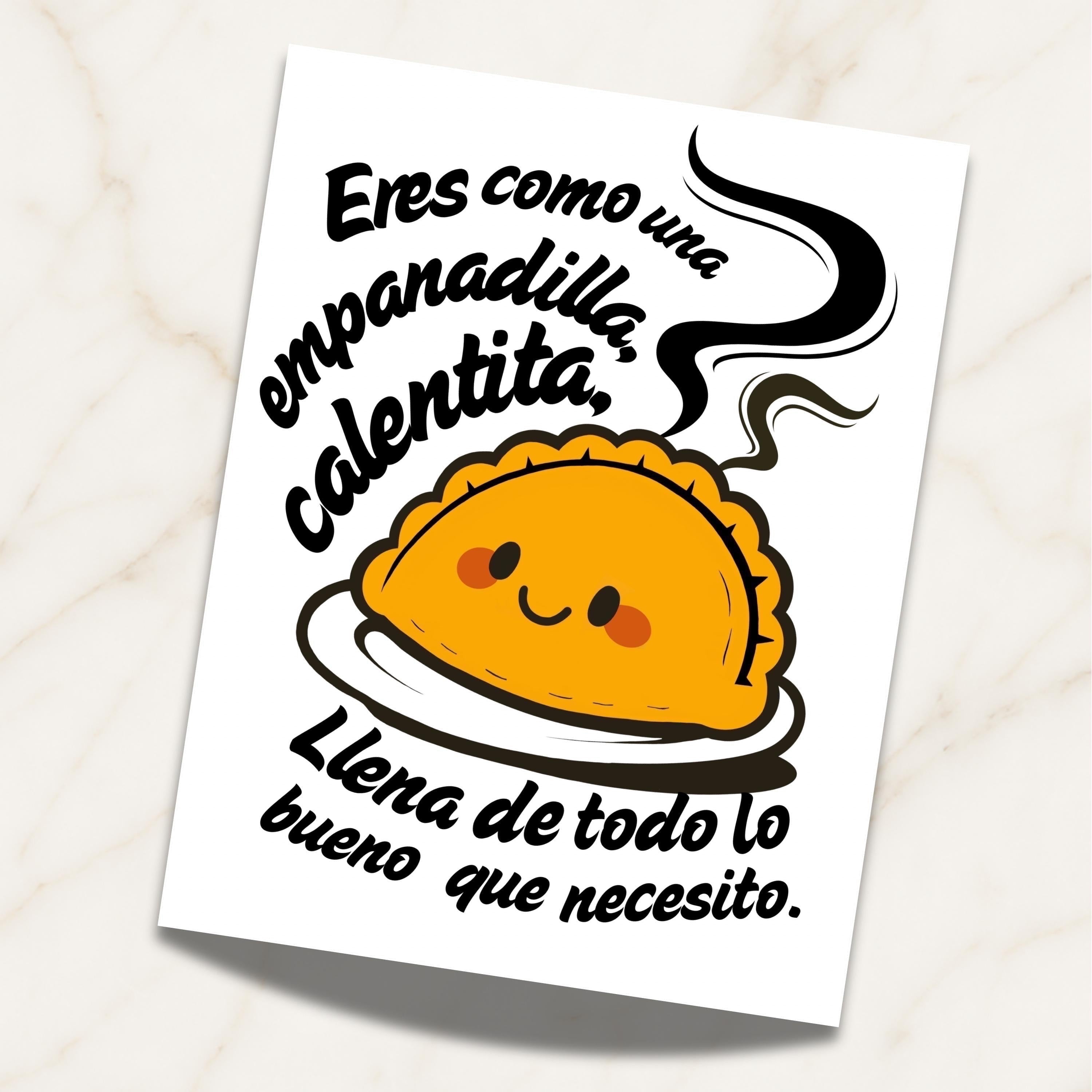 Chévereh digital art postcard featuring a cute, smiling empanada with steam rising, text in Spanish.