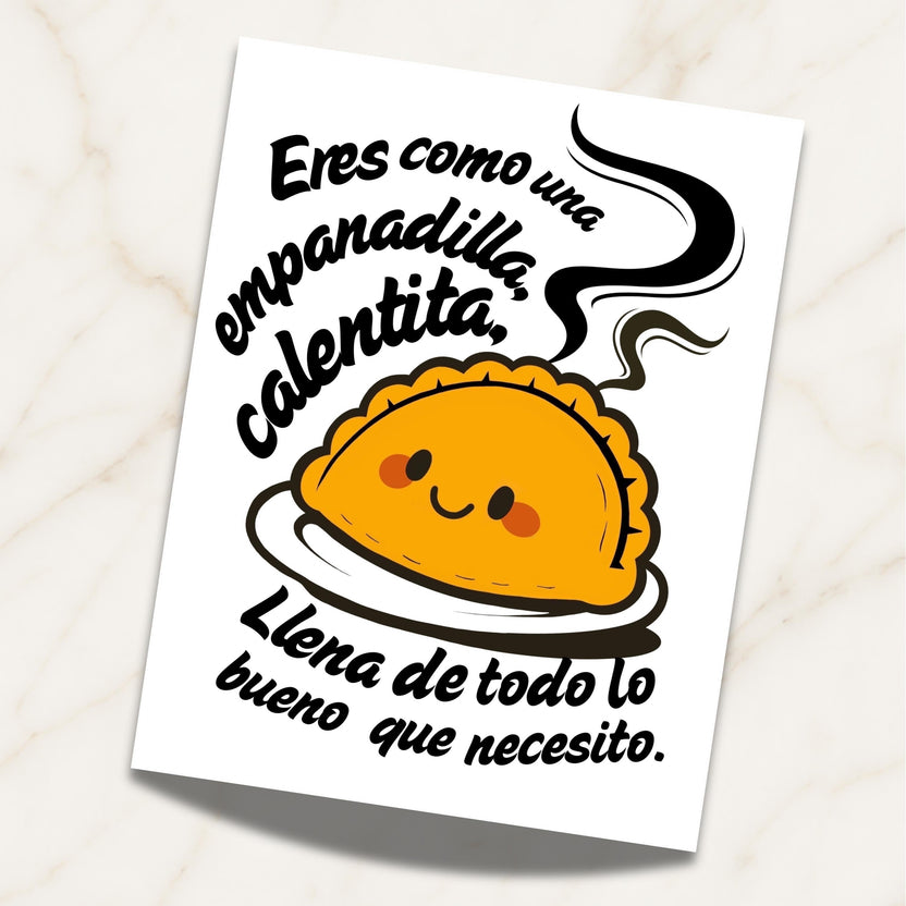 Chévereh digital art postcard featuring a cute, smiling empanada with steam rising, text in Spanish.