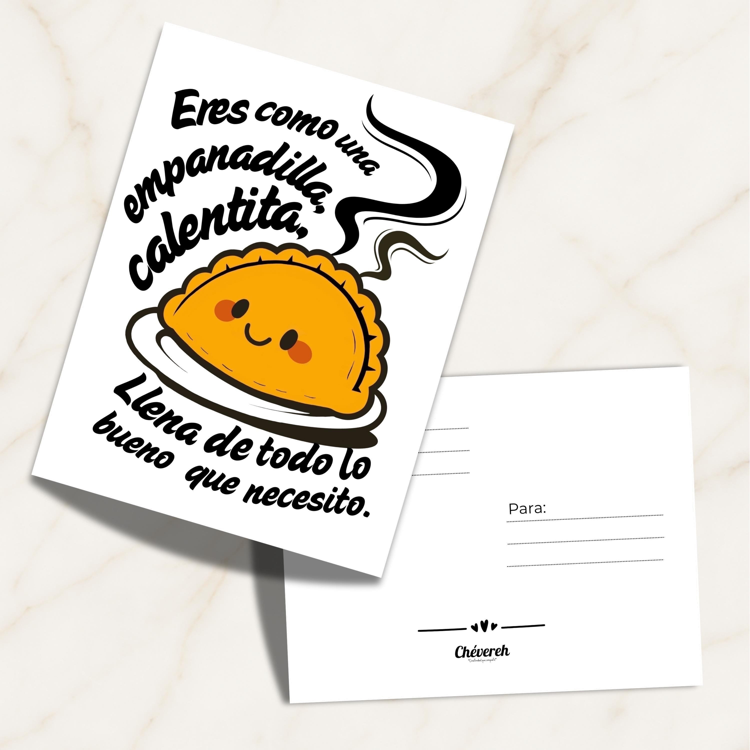 Chévereh Empanadilla Calientita digital art postcard with a cute smiling empanadilla and Spanish text. Perfect for gifts.